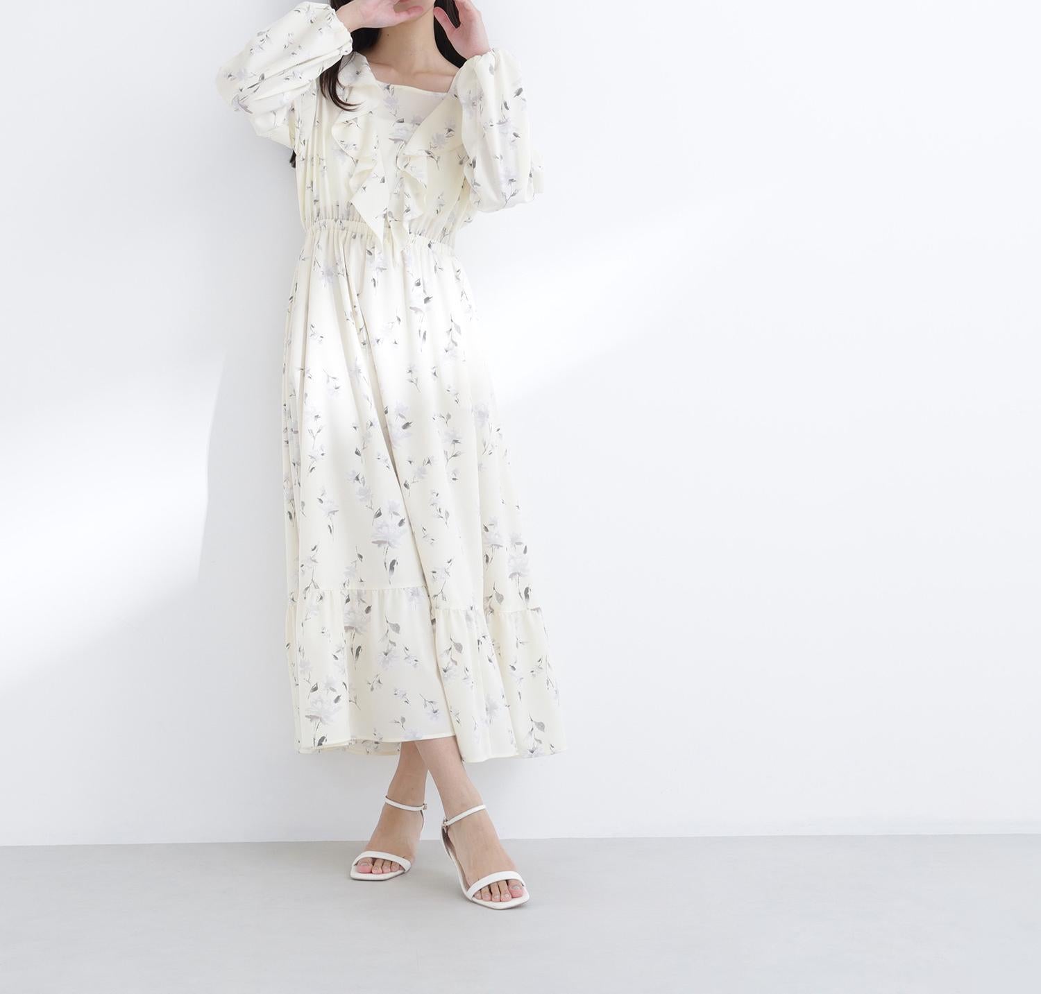 ラッフルフラワープリントワンピース クリームイエロー2