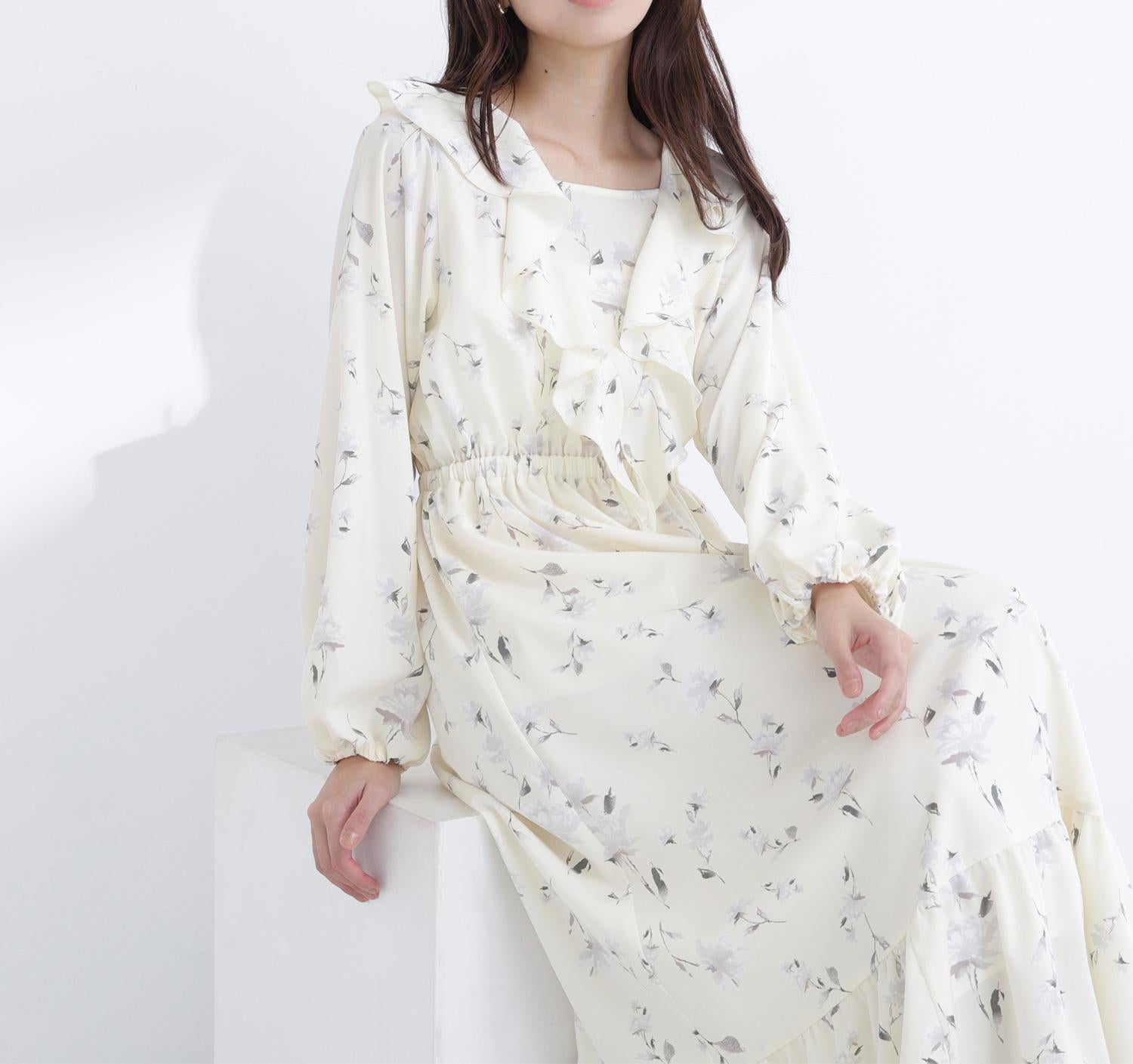 ラッフルフラワープリントワンピース クリームイエロー2