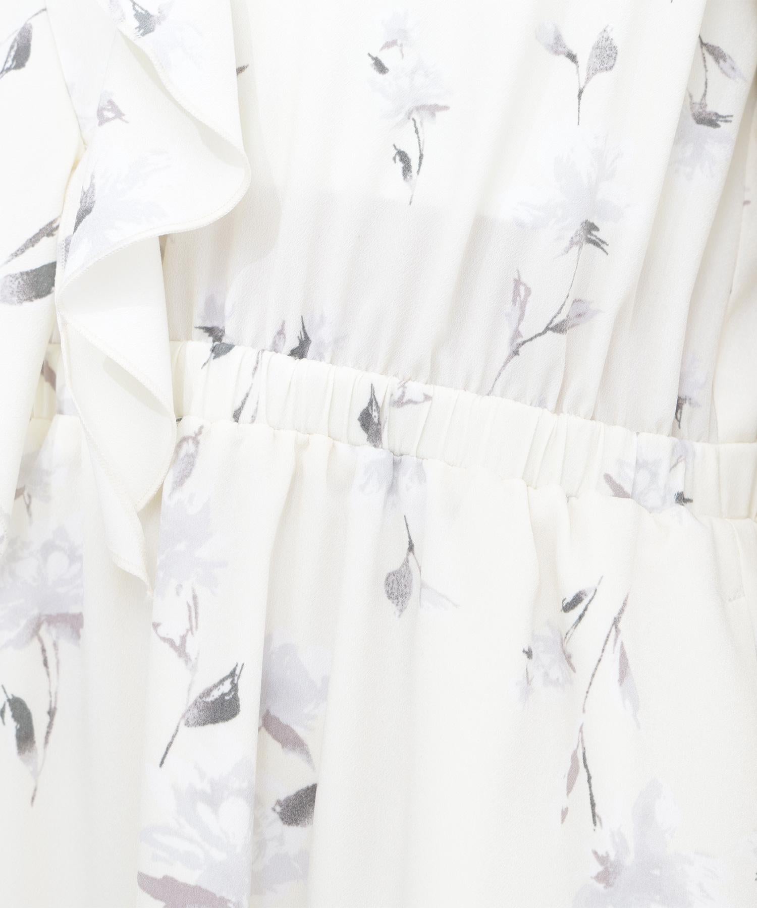 ラッフルフラワープリントワンピース クリームイエロー2