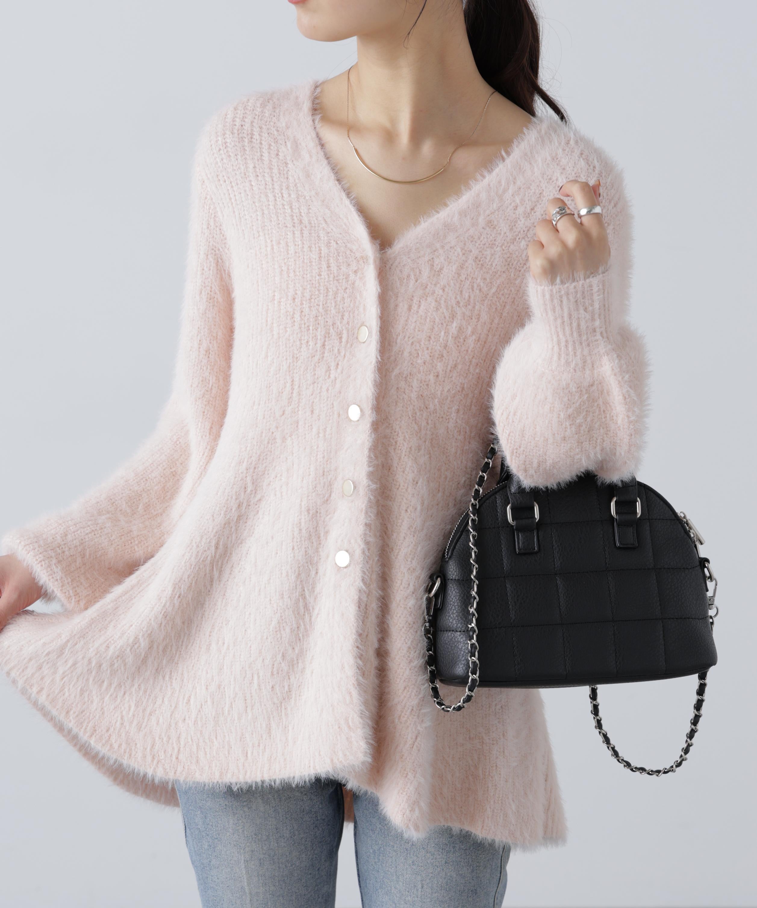 ヘアリーペプラム金ボタンニットカーデ ピンク