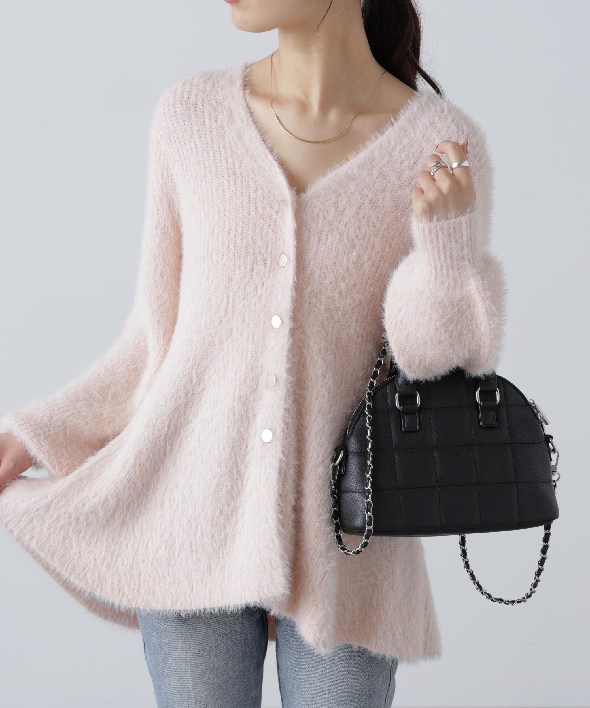 ヘアリーペプラム金ボタンニットカーデ ピンク