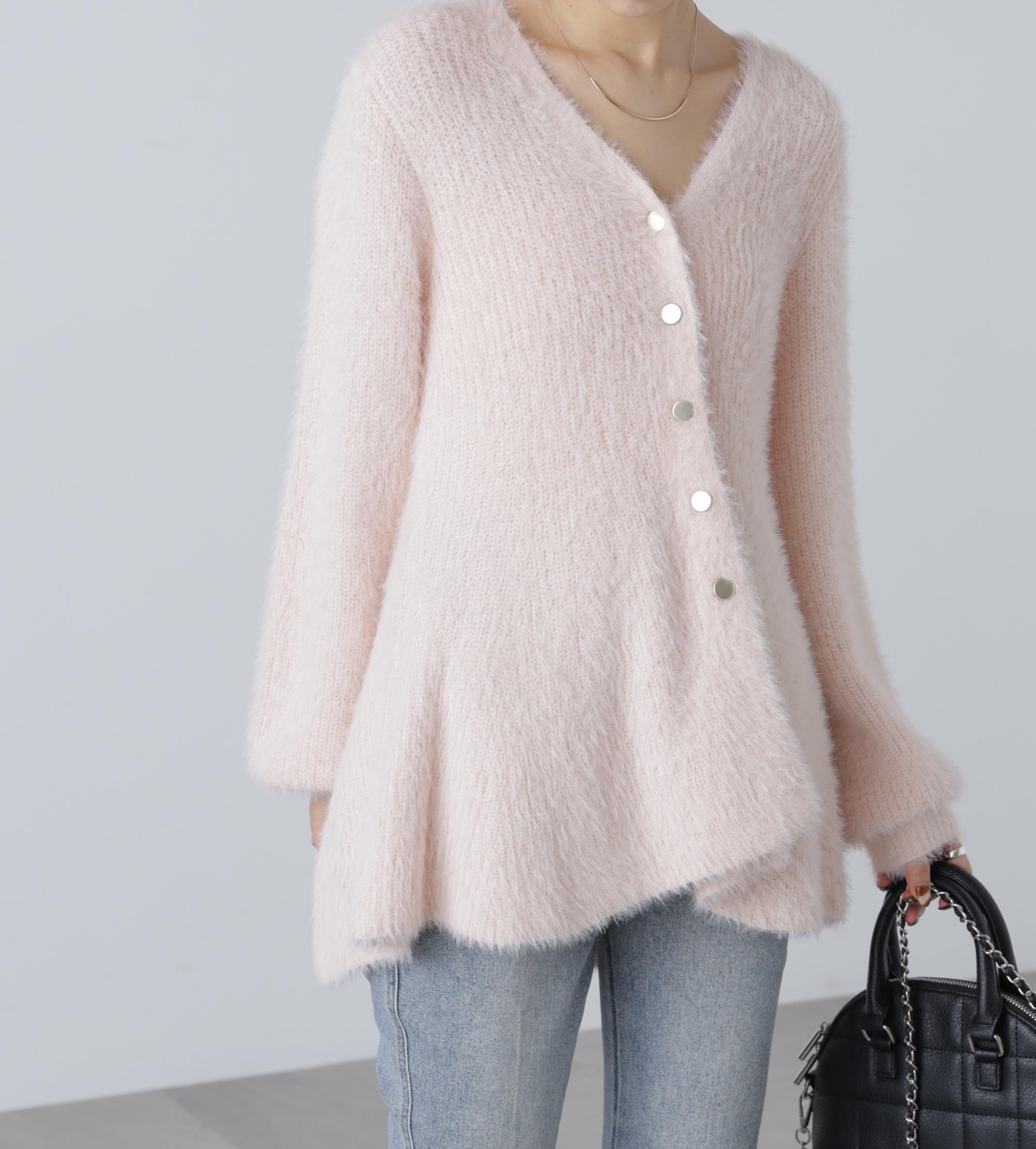 ヘアリーペプラム金ボタンニットカーデ ピンク