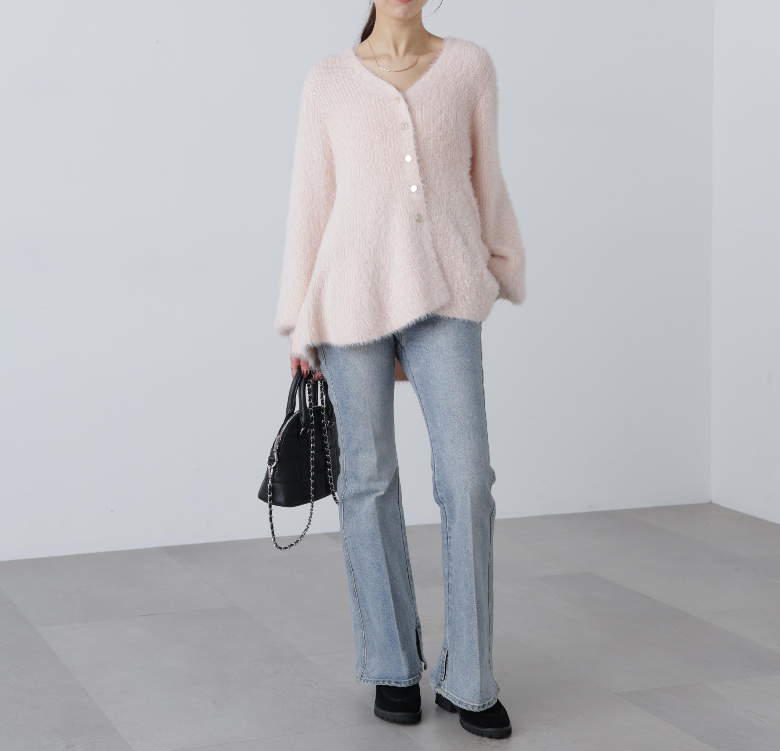 ヘアリーペプラム金ボタンニットカーデ ピンク