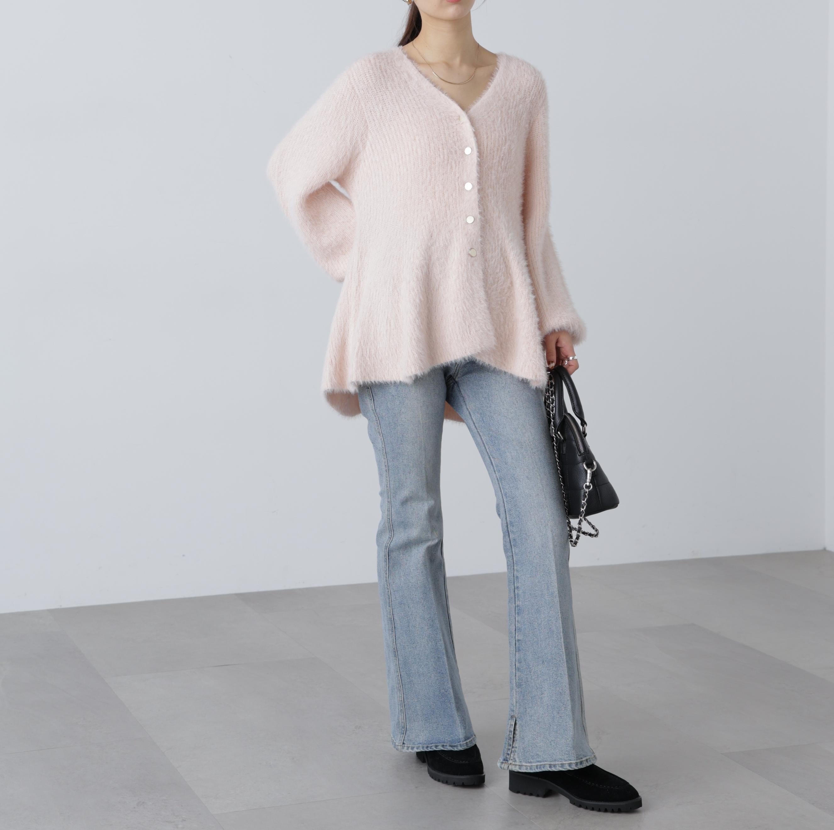 ヘアリーペプラム金ボタンニットカーデ ピンク