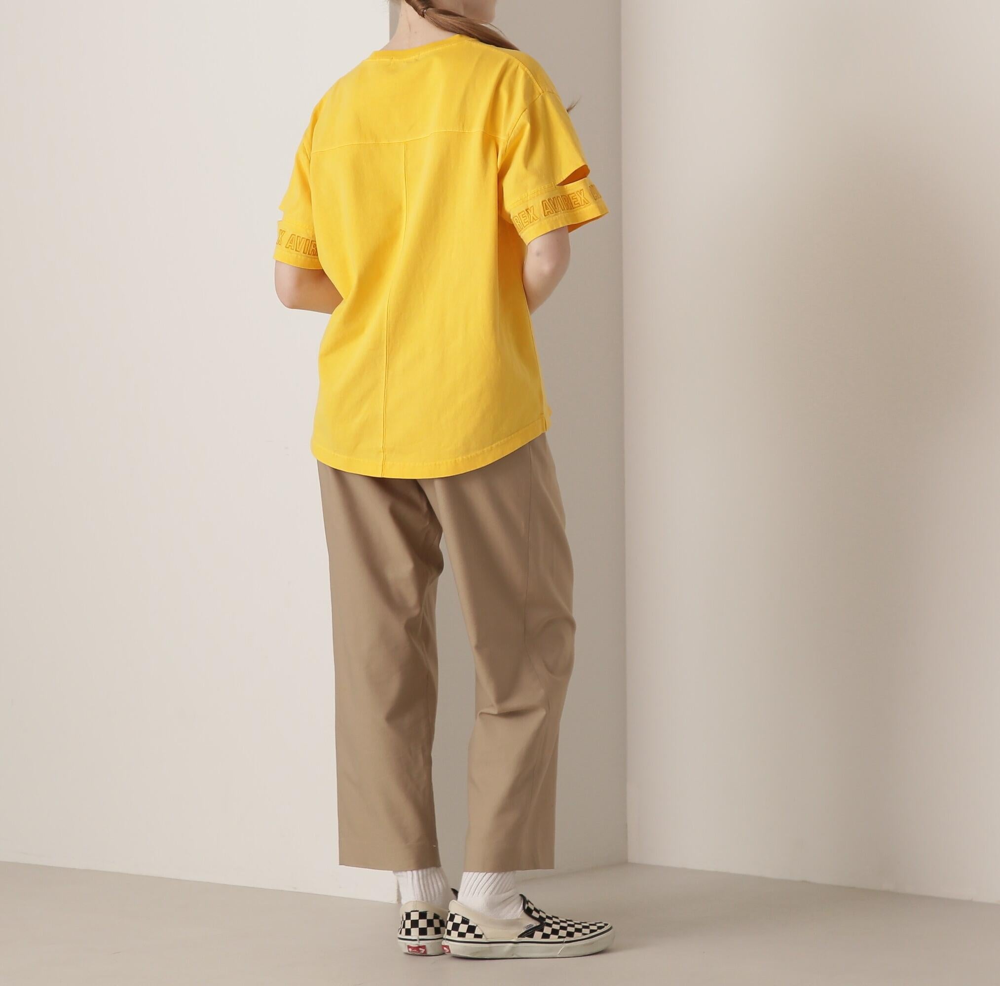 FADE WASH CUFFS OPEN EMR>OIDE>Y T-SHI>T/フェイドウォッシュ カフスオープン刺繍Tシャツ イエロー