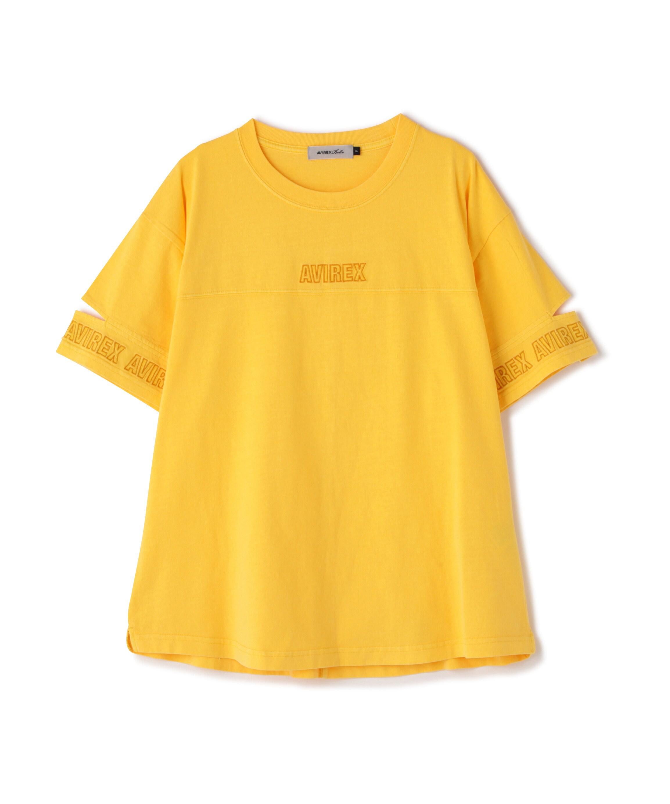 FADE WASH CUFFS OPEN EMR>OIDE>Y T-SHI>T/フェイドウォッシュ カフスオープン刺繍Tシャツ イエロー