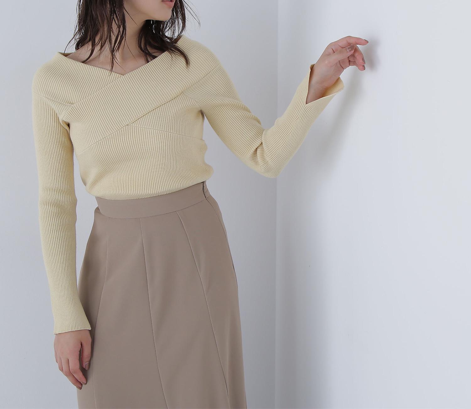 クロスネックリブニット イエロー