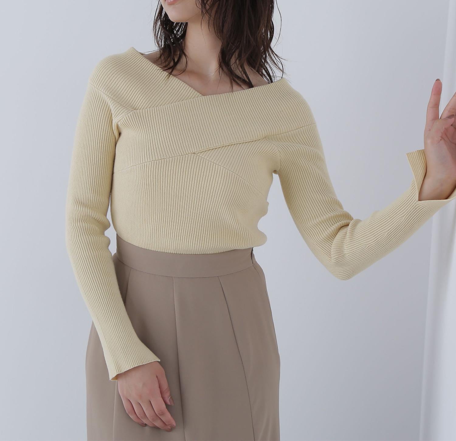 クロスネックリブニット イエロー