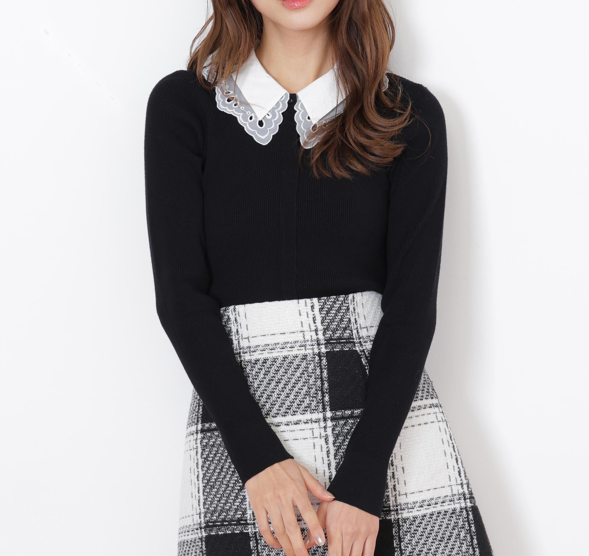 レース衿レイヤードニット ブラック