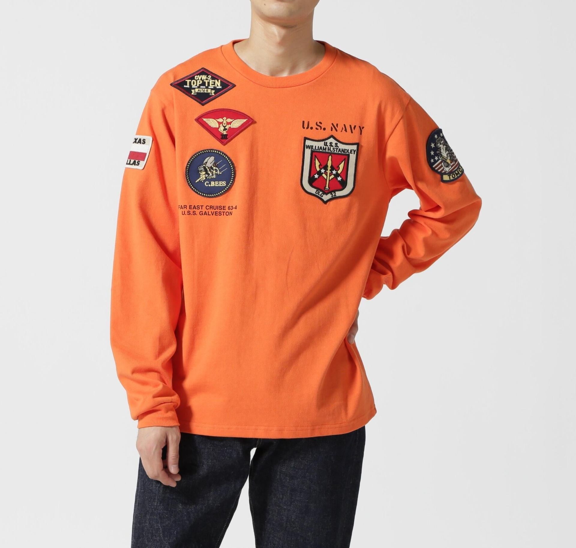 《WER&DEPOT限定》TOP GUN PATCHED L/S T-SHI>T / トップガン パッチド 長袖 Tシャツ / AVI>EX オレンジ