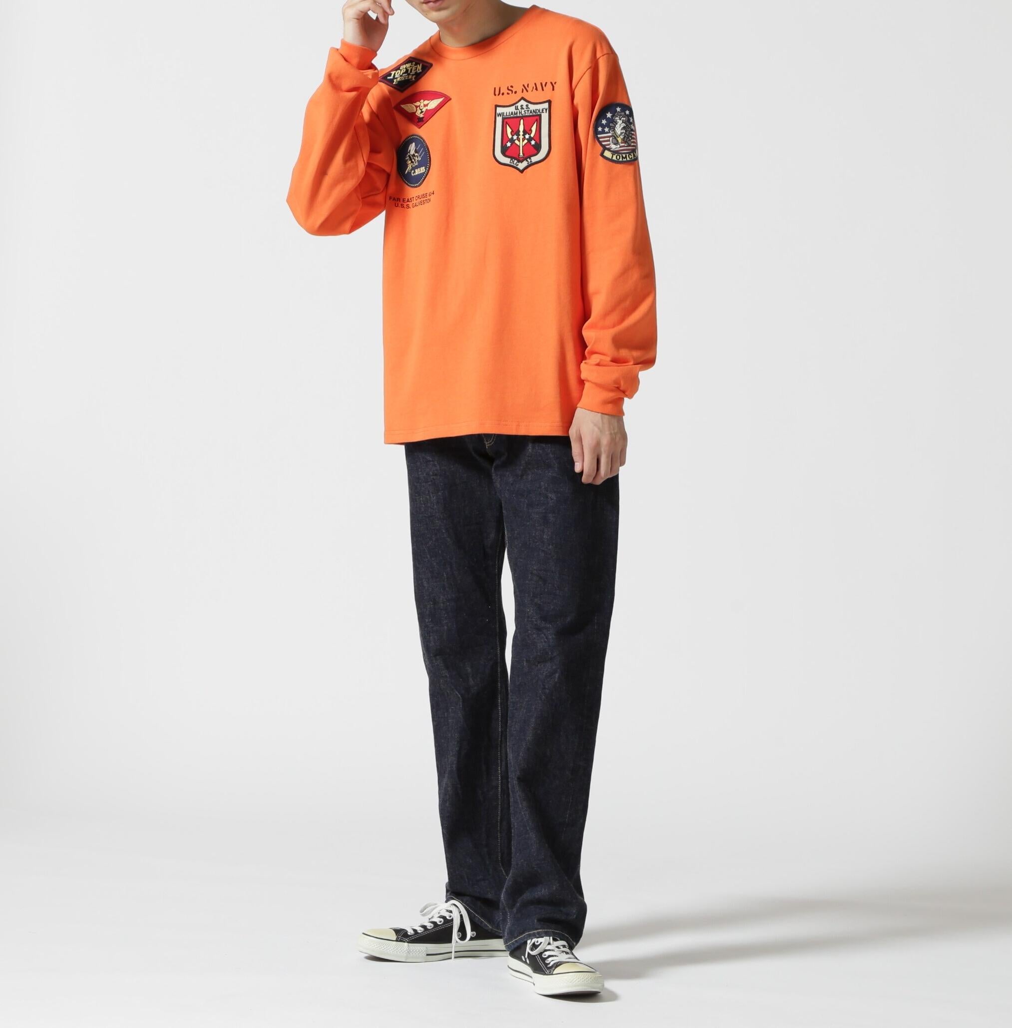 《WER&DEPOT限定》TOP GUN PATCHED L/S T-SHI>T / トップガン パッチド 長袖 Tシャツ / AVI>EX オレンジ