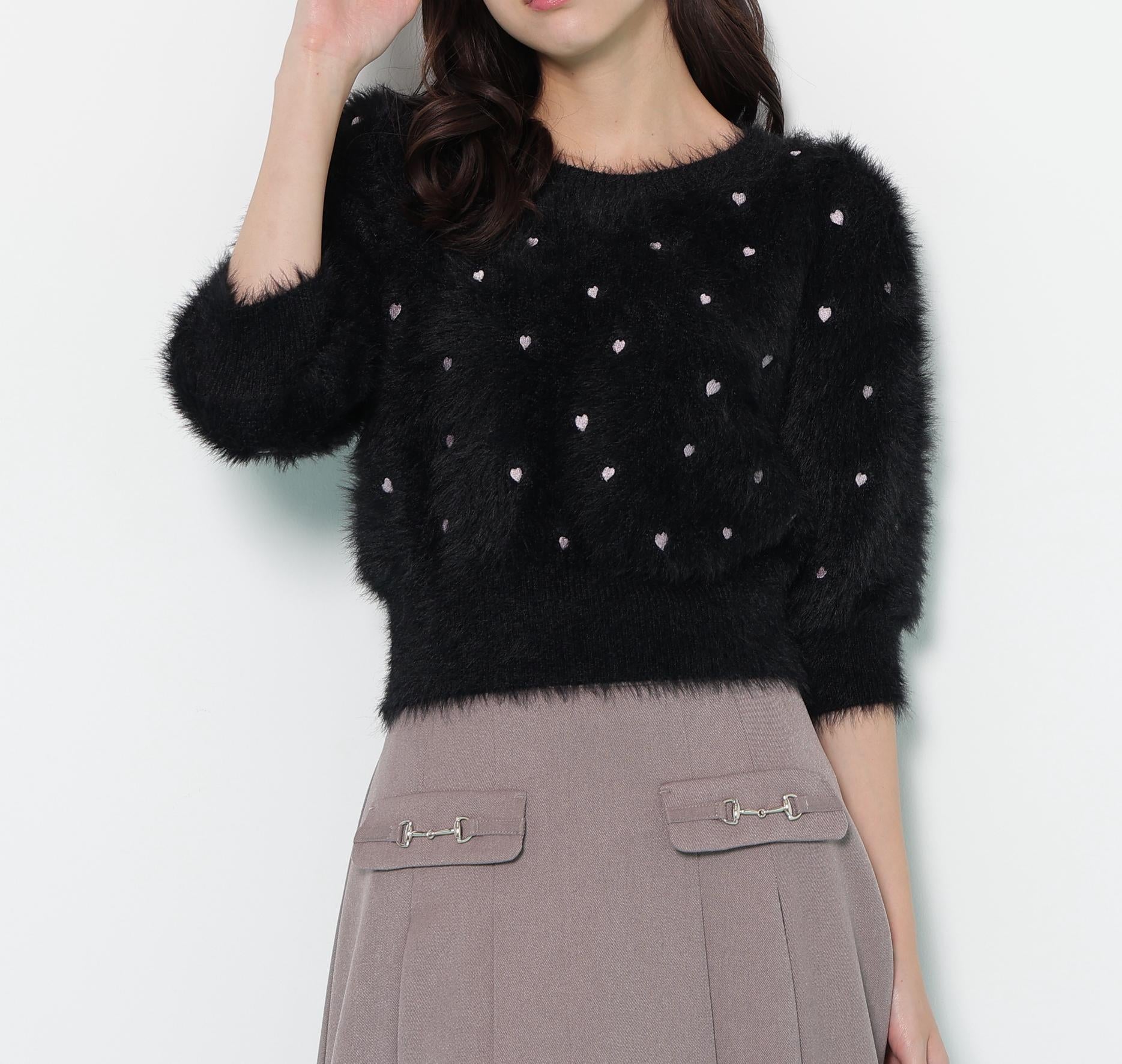 ハート刺繍シャギーニット ブラック