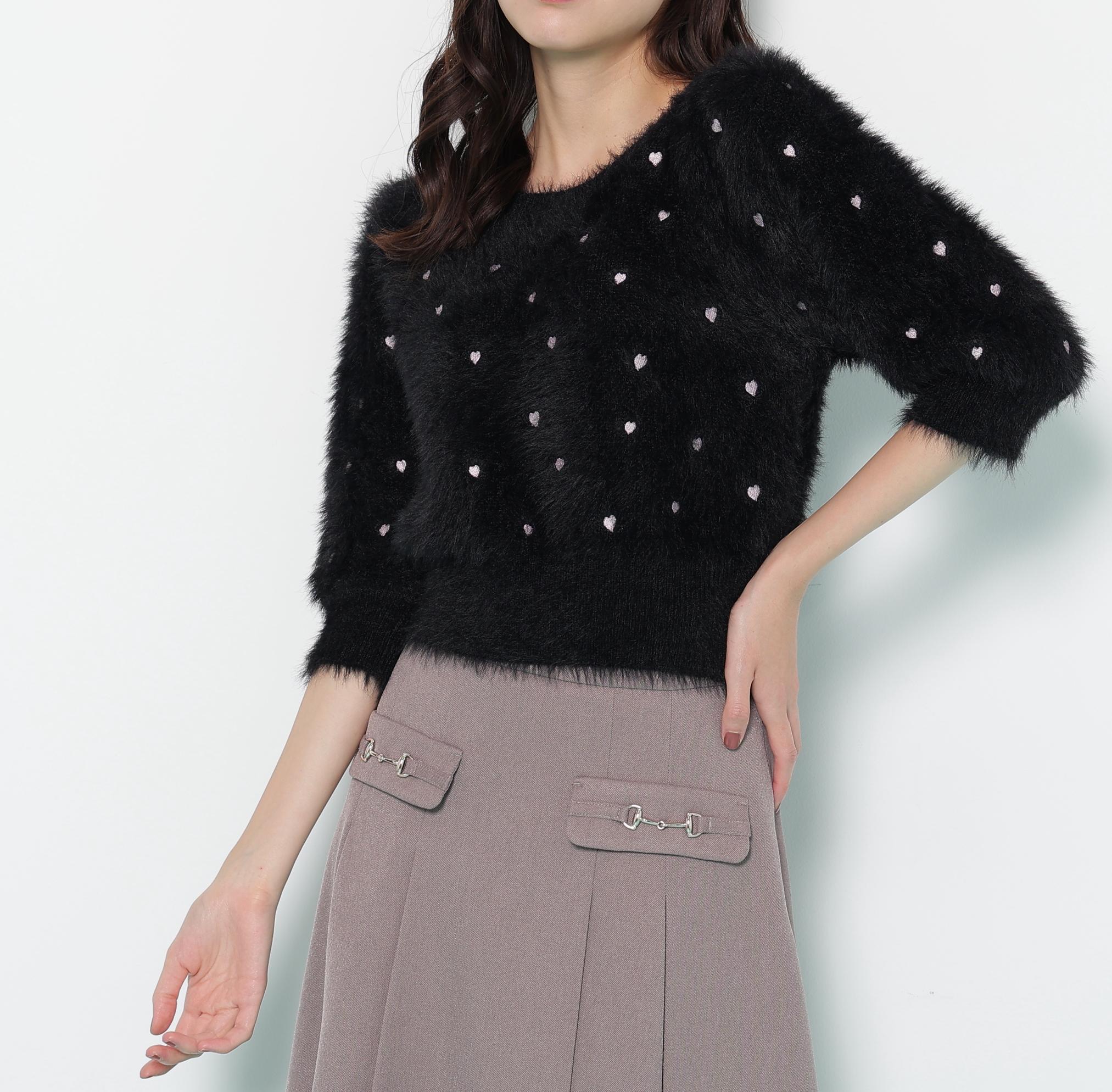 ハート刺繍シャギーニット ブラック