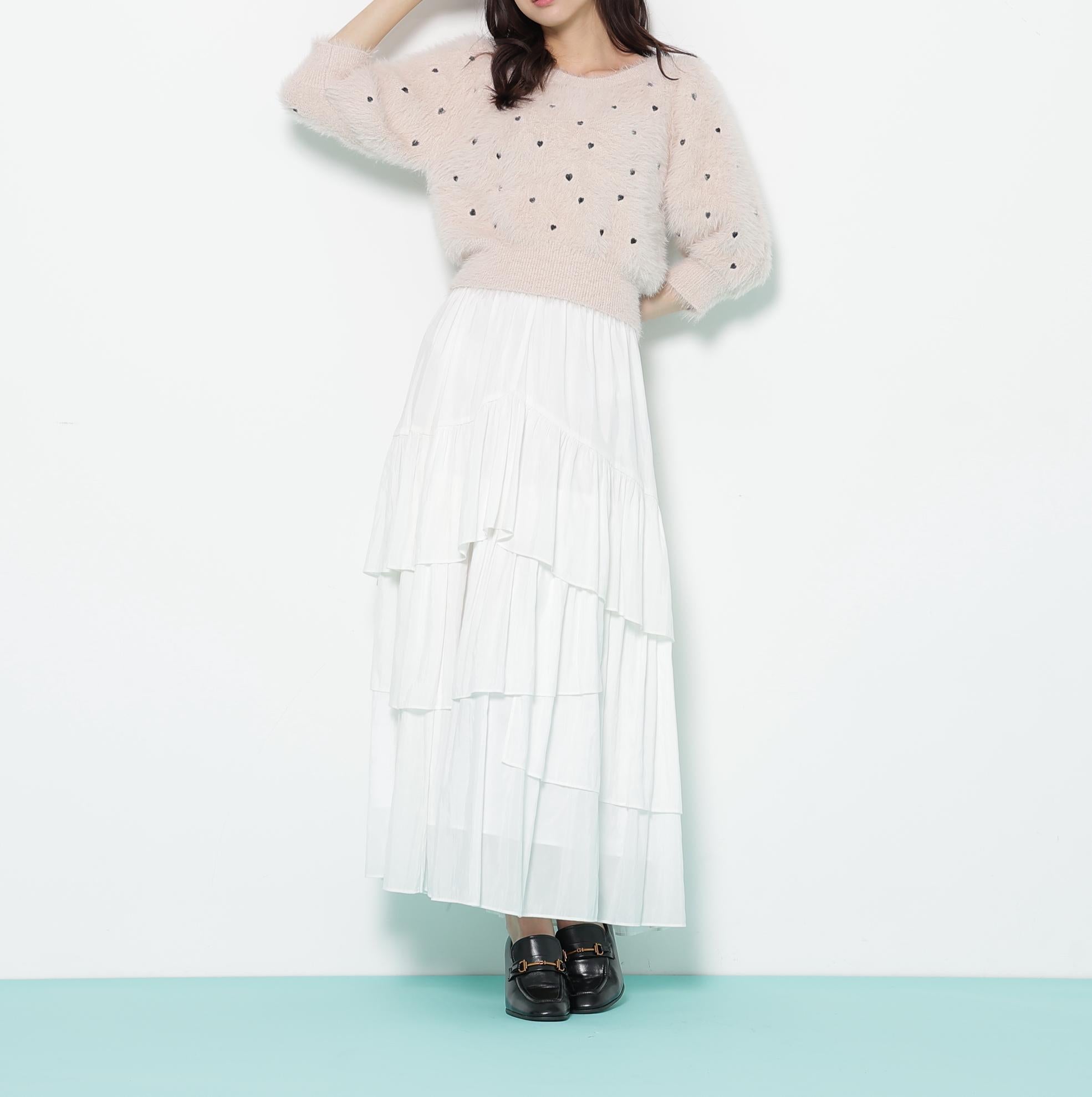 ハート刺繍シャギーニット ピンク