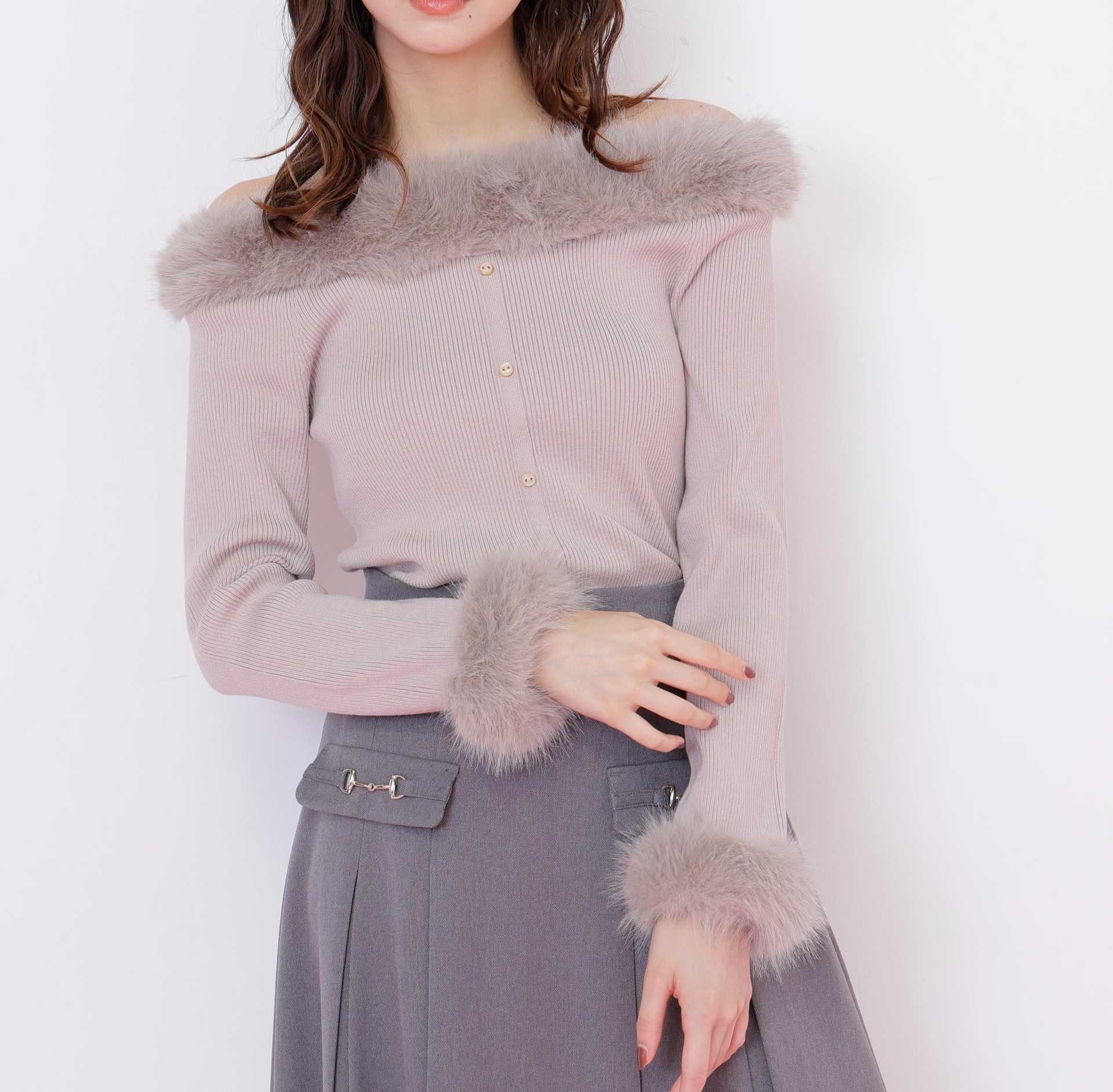 フェイクファートリムニット ピンク