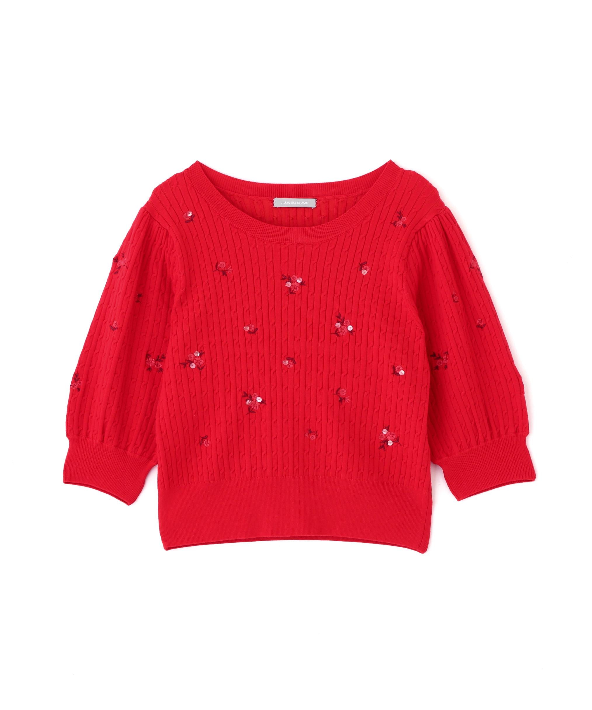 フラワーエンブロイダリーコンパクトニット レッド