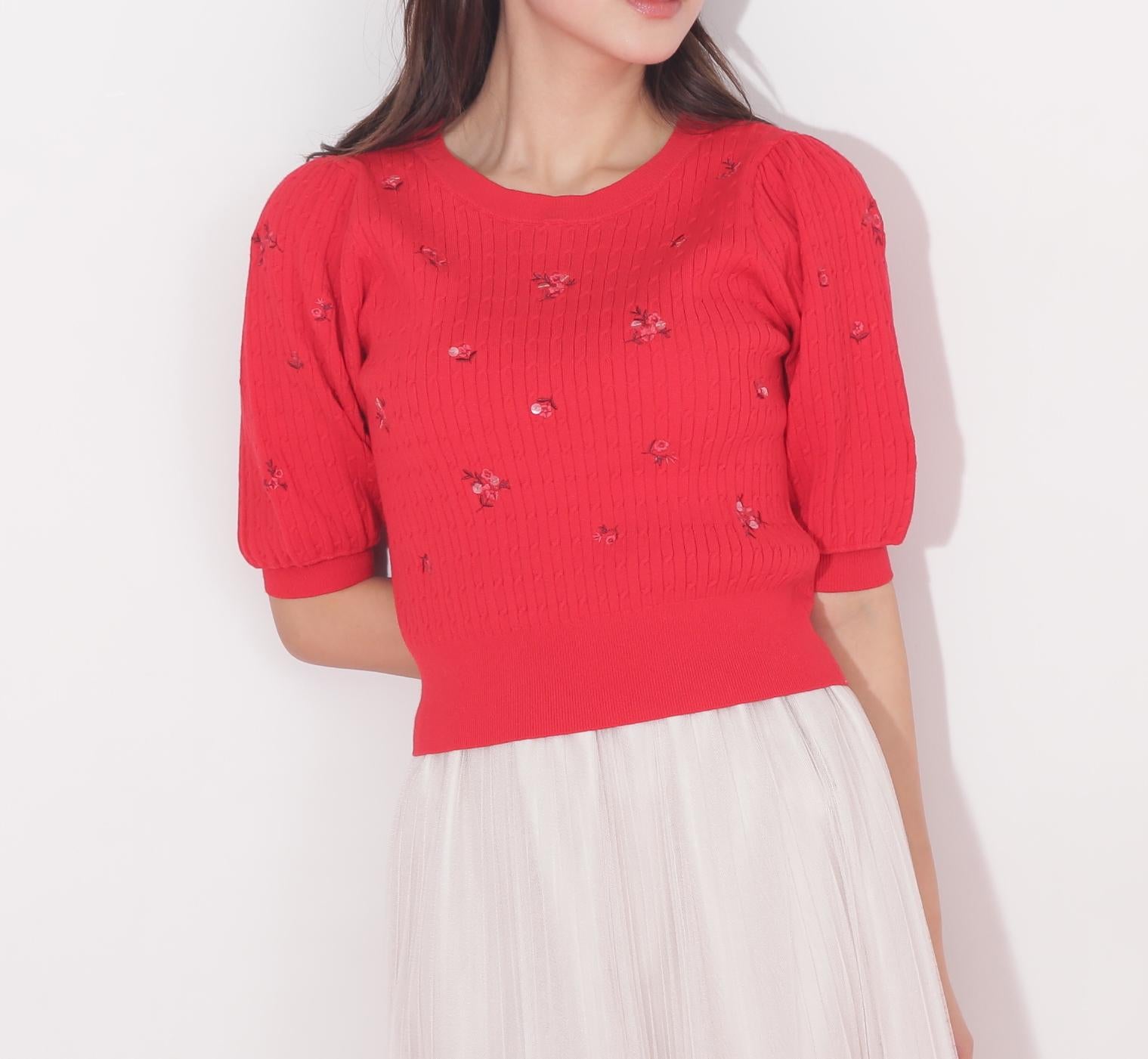 フラワーエンブロイダリーコンパクトニット レッド