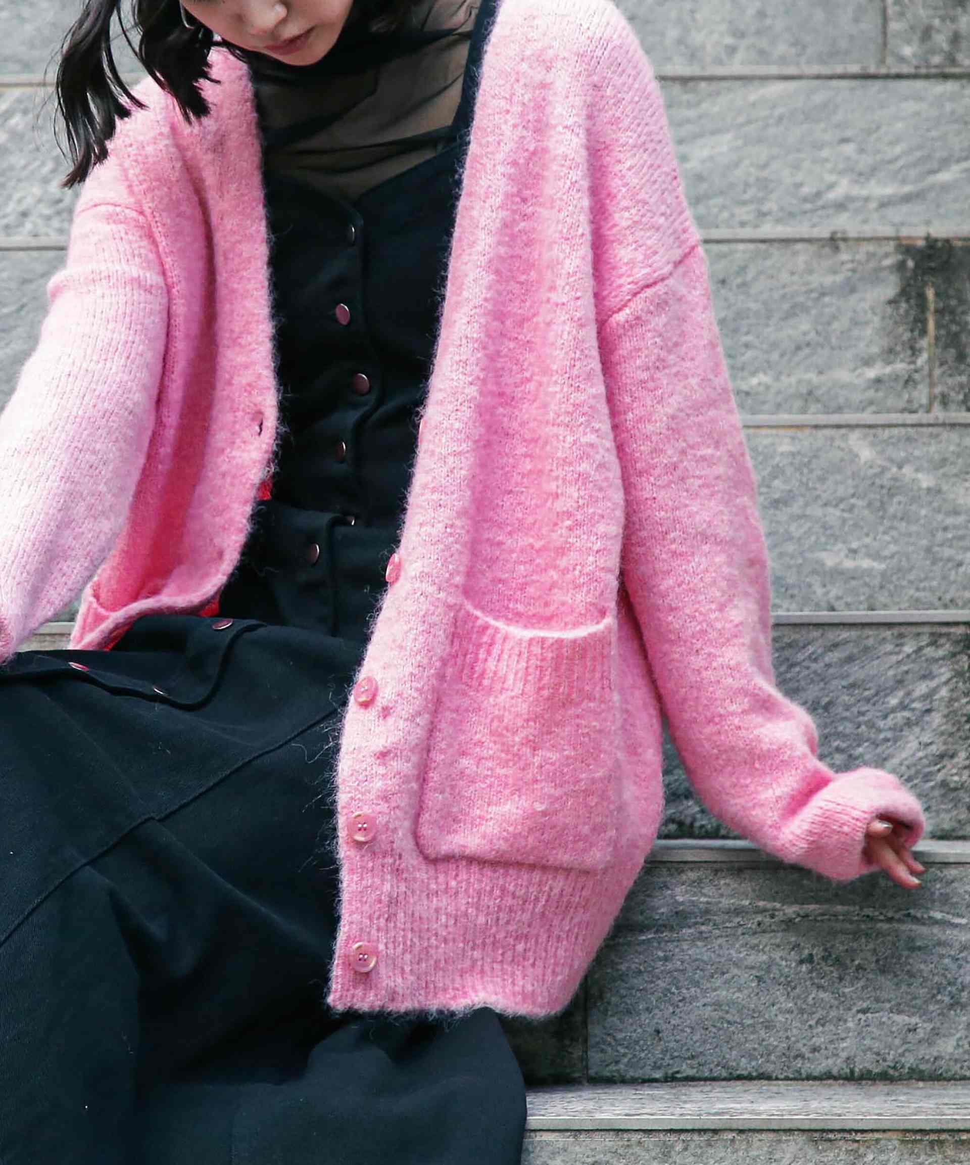 ウール混リサイクルエコニットカーディガン ピンク