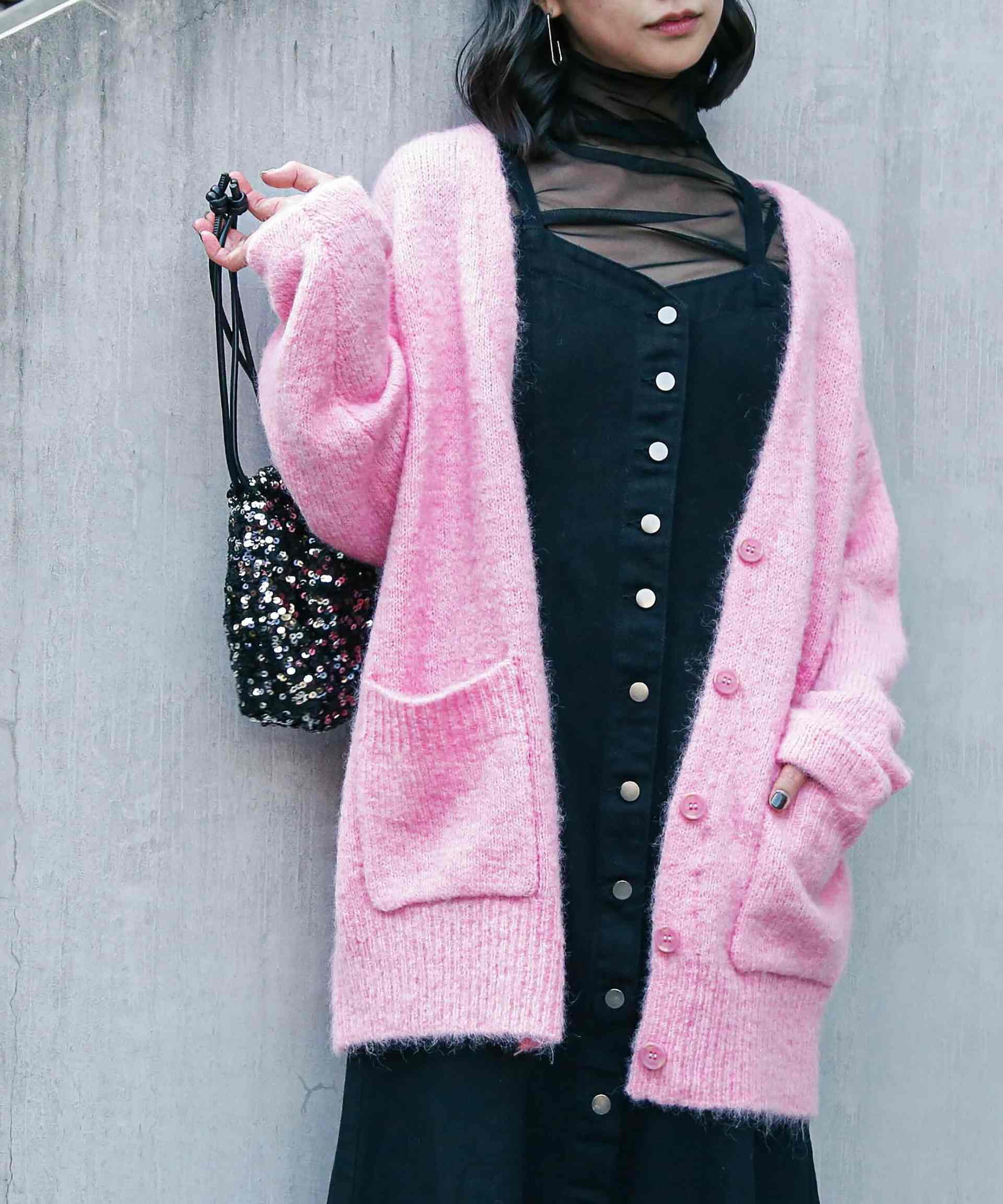 ウール混リサイクルエコニットカーディガン ピンク