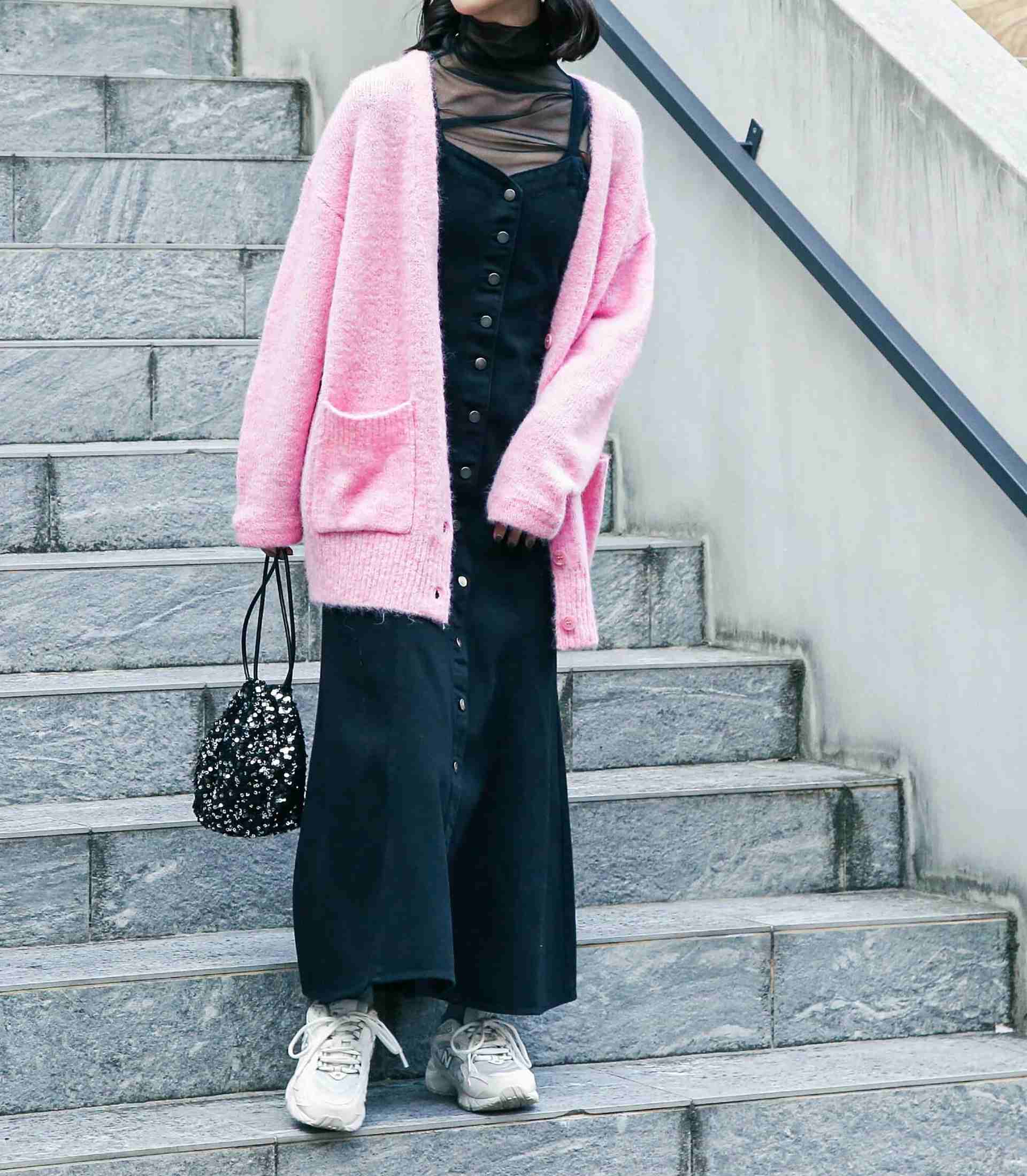 ウール混リサイクルエコニットカーディガン ピンク