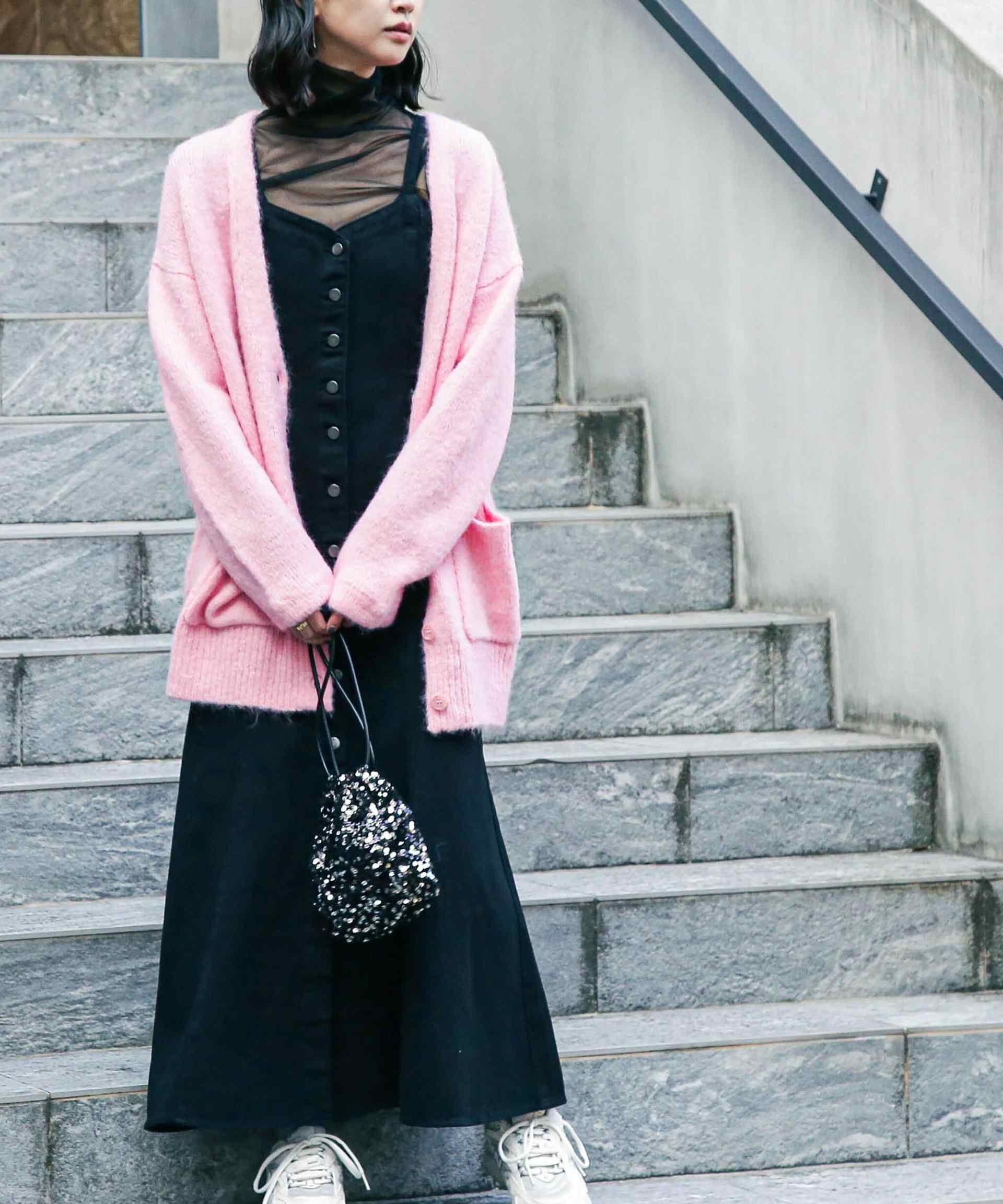 ウール混リサイクルエコニットカーディガン ピンク