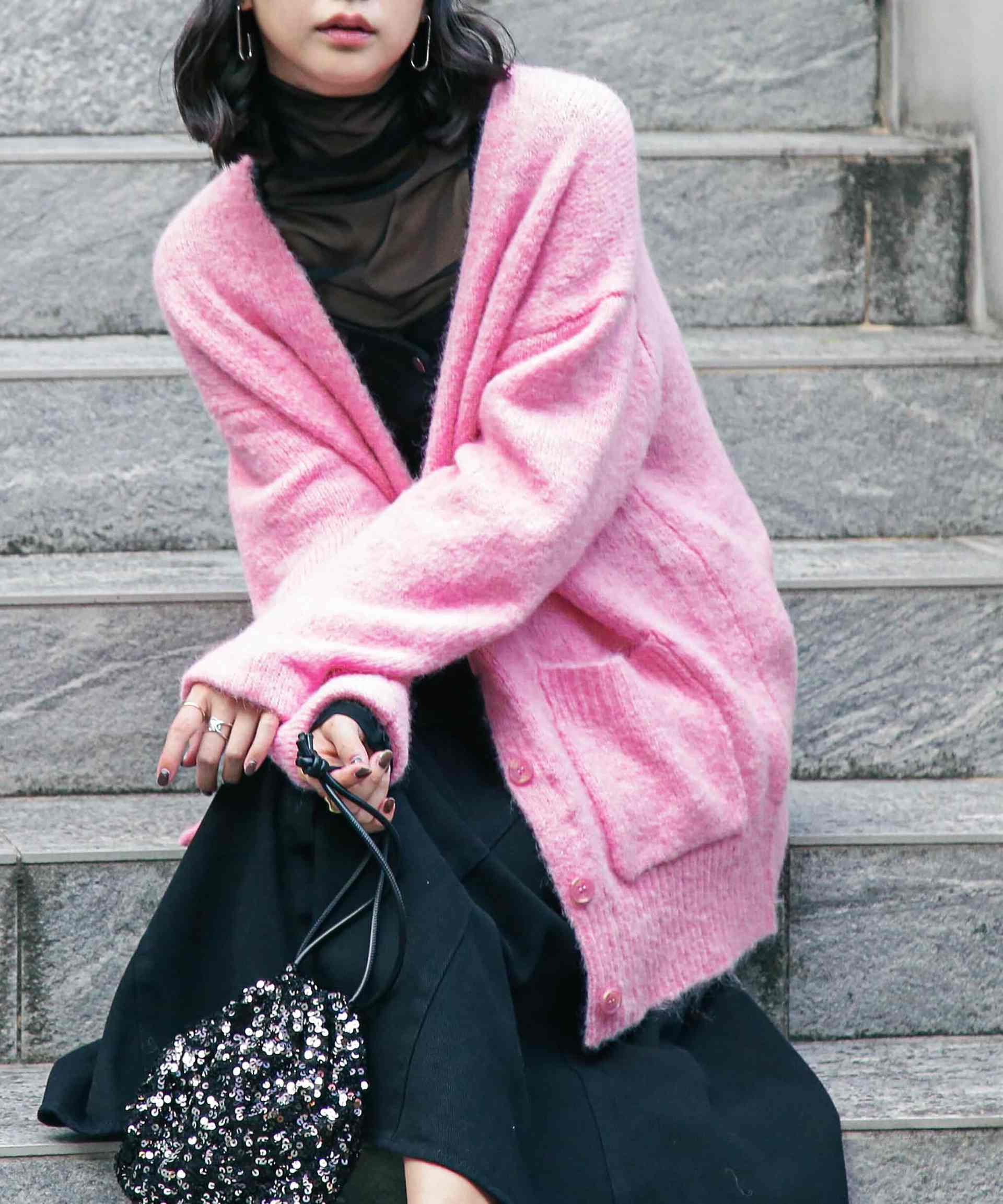 ウール混リサイクルエコニットカーディガン ピンク