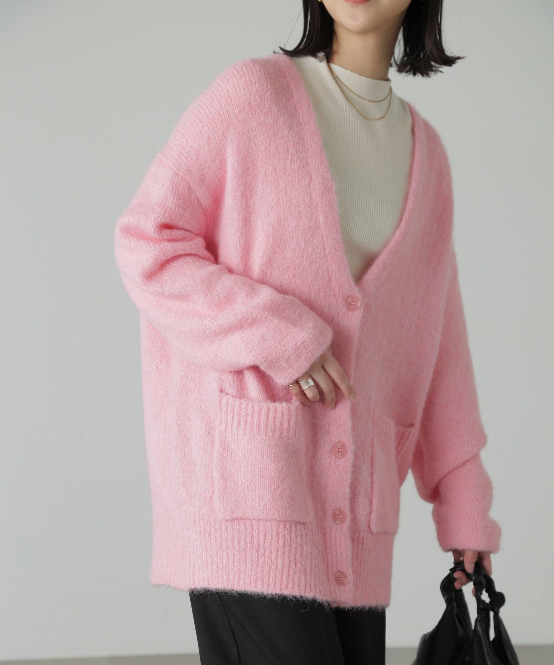 ウール混リサイクルエコニットカーディガン ピンク