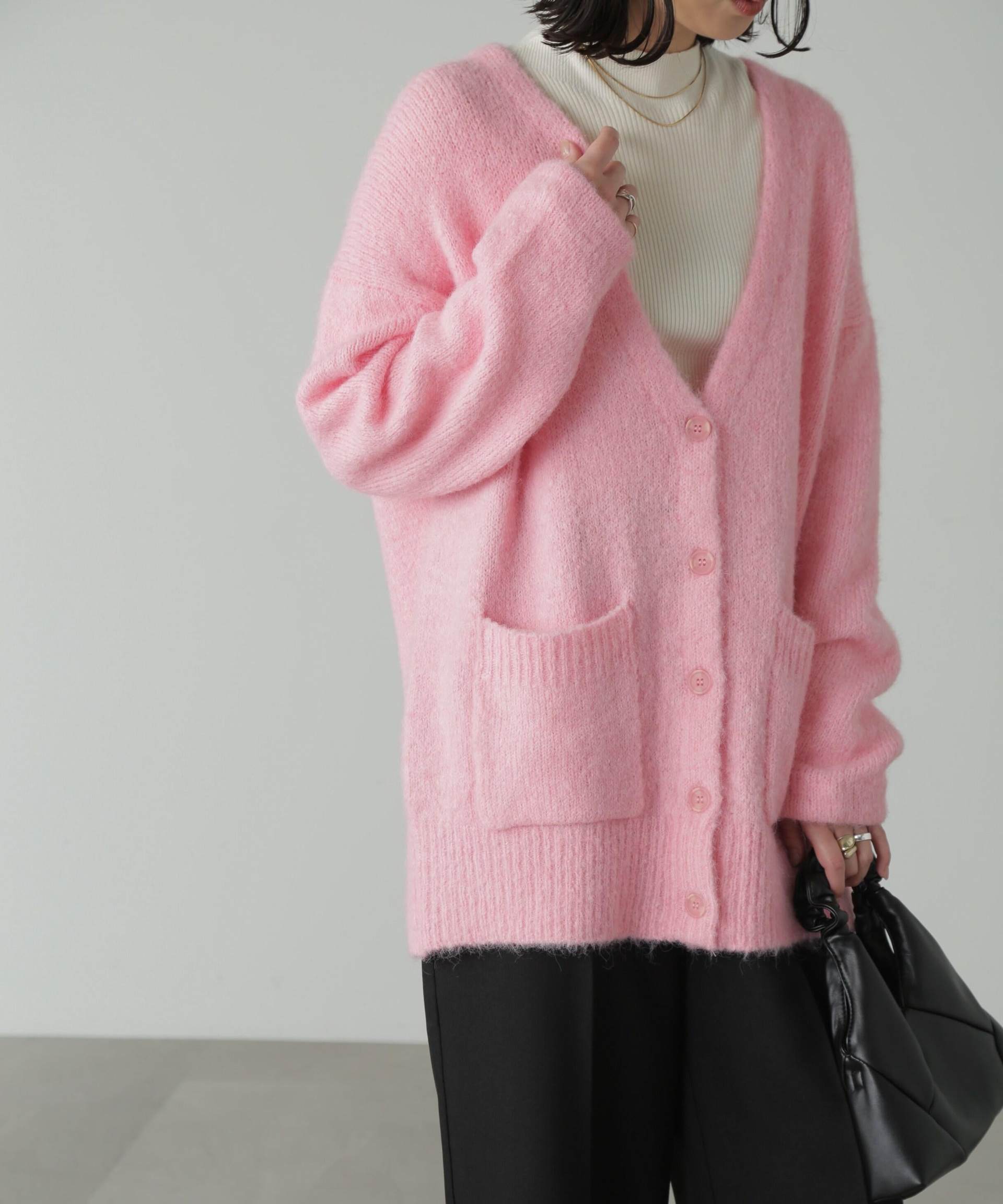 ウール混リサイクルエコニットカーディガン ピンク