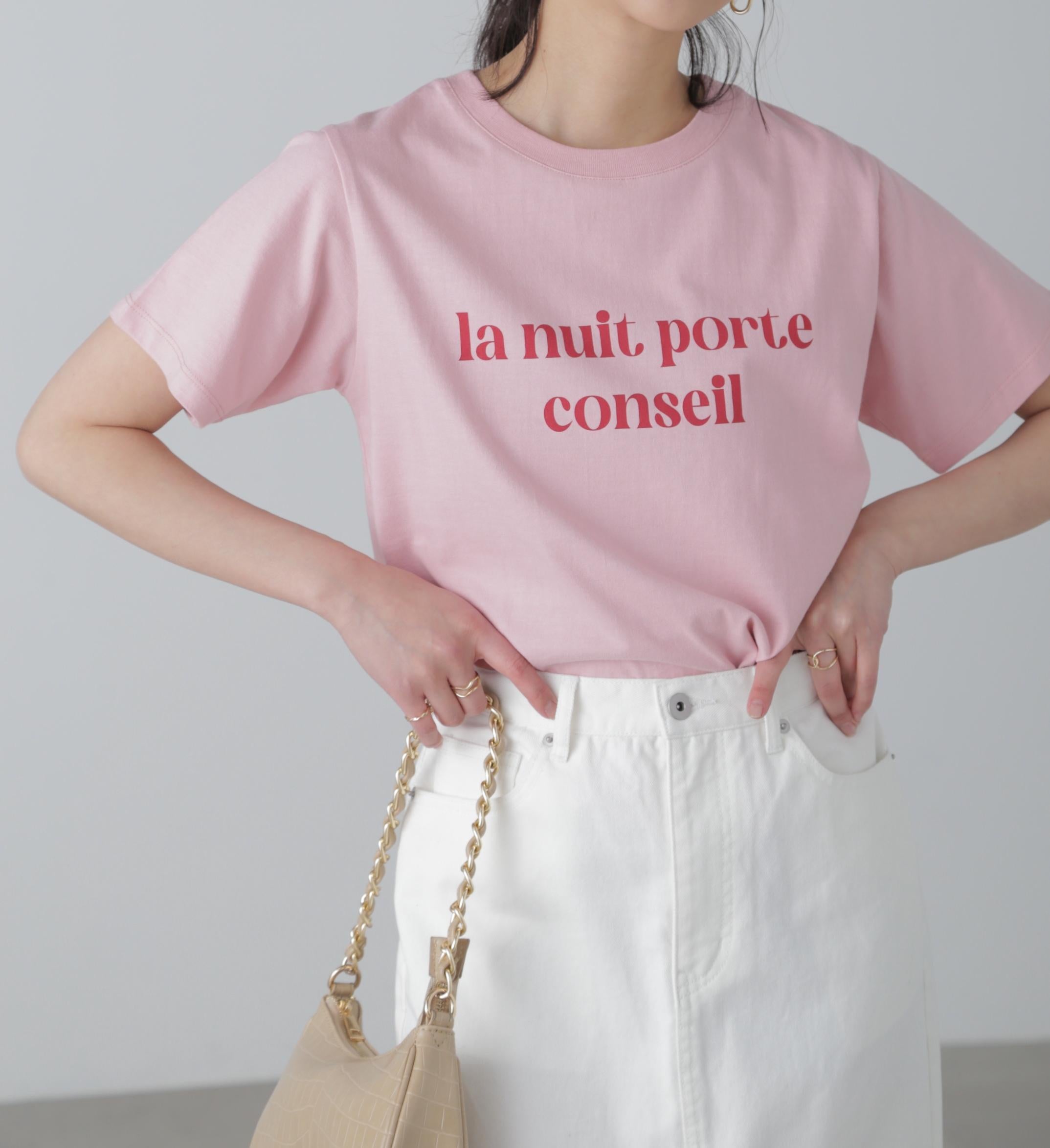 カラーフレンチロゴプリントTシャツ ピンク×レッド