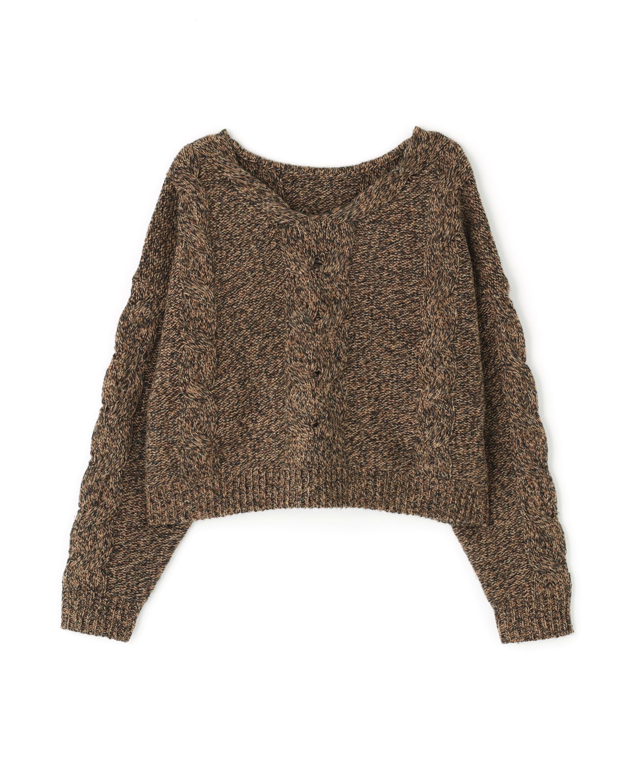 Vネックケーブルニット ブラウンベース2