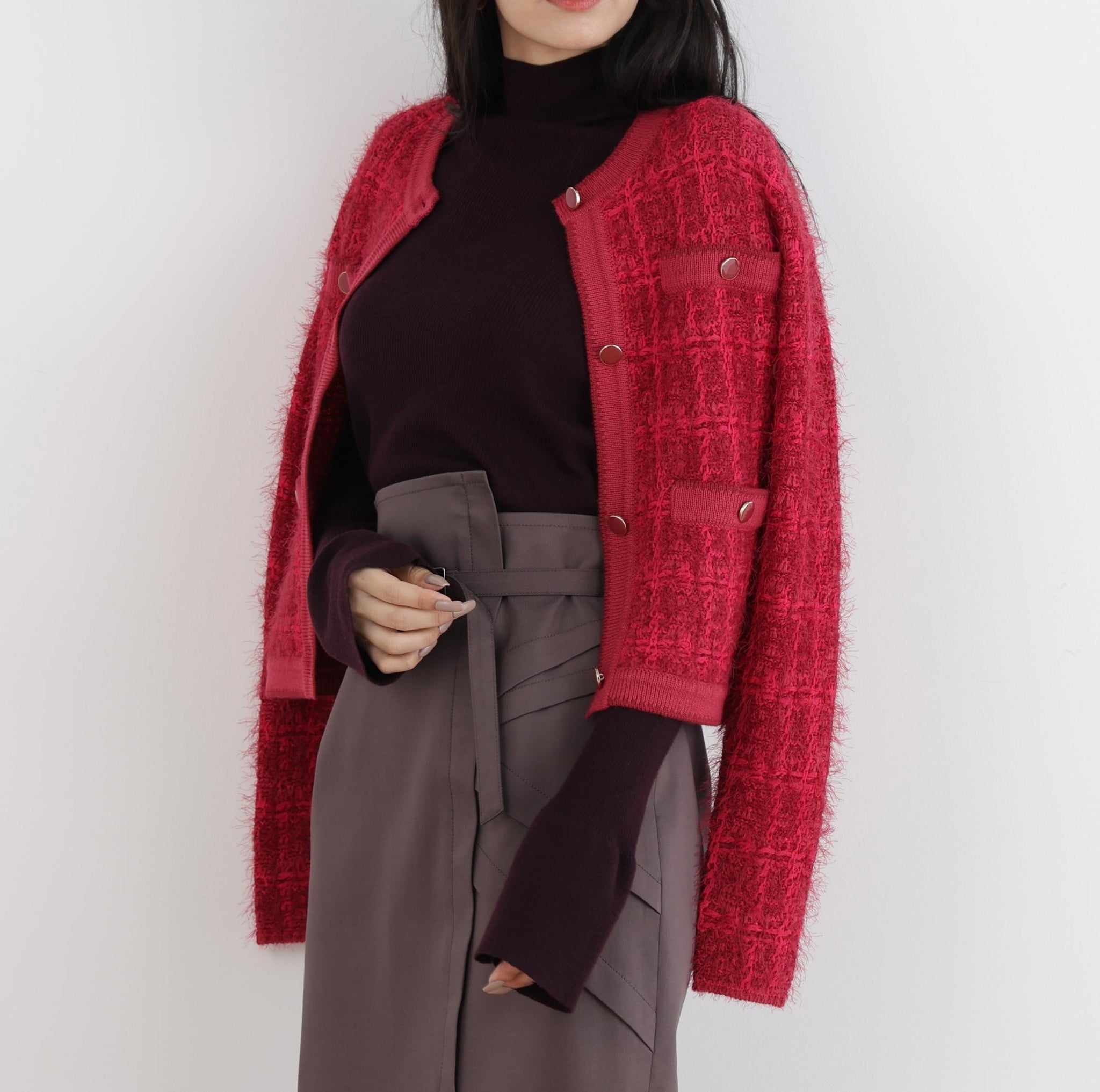 ◆フェザーヤーンツイードニットジャケット レッド