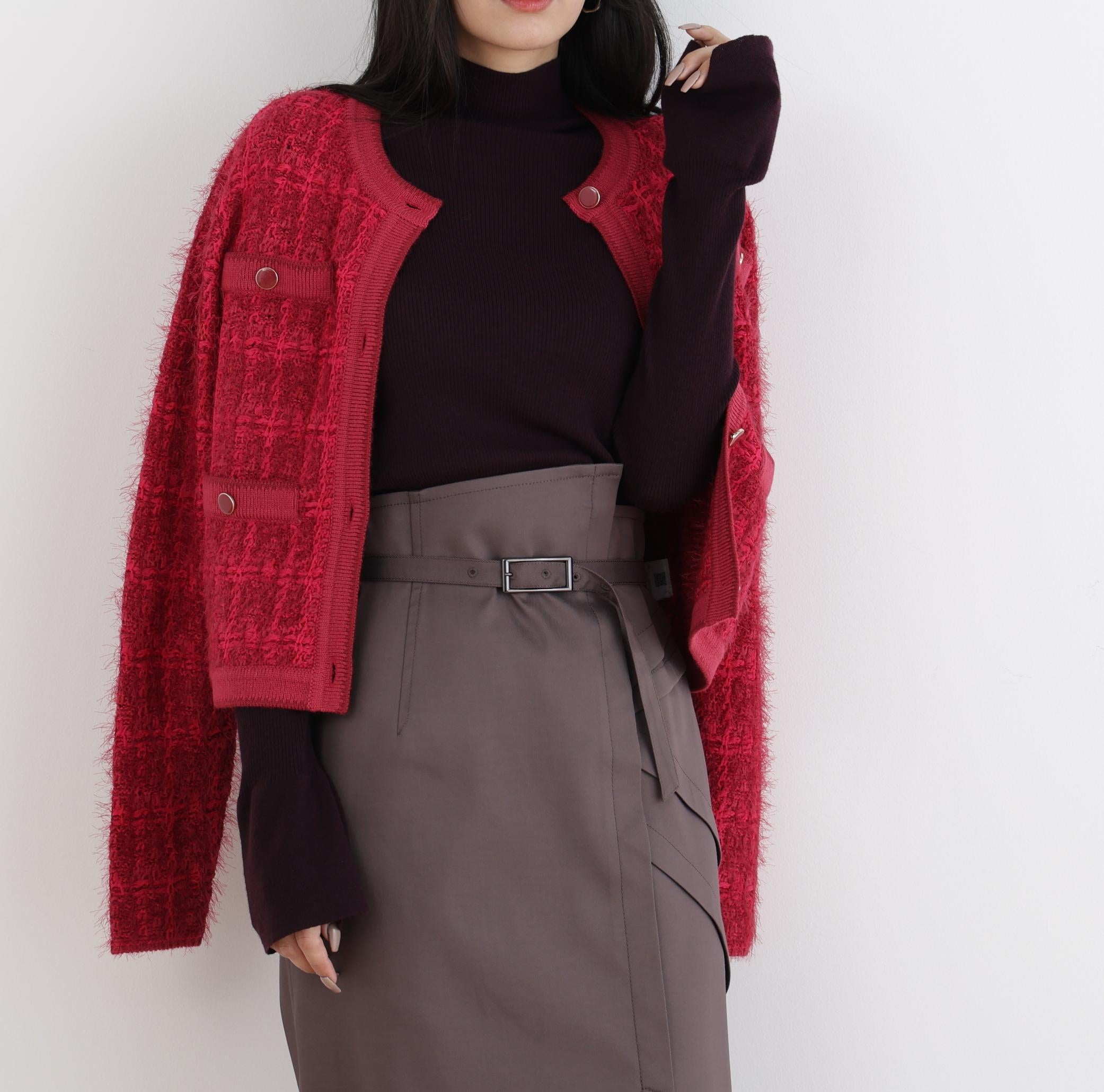 ◆フェザーヤーンツイードニットジャケット レッド