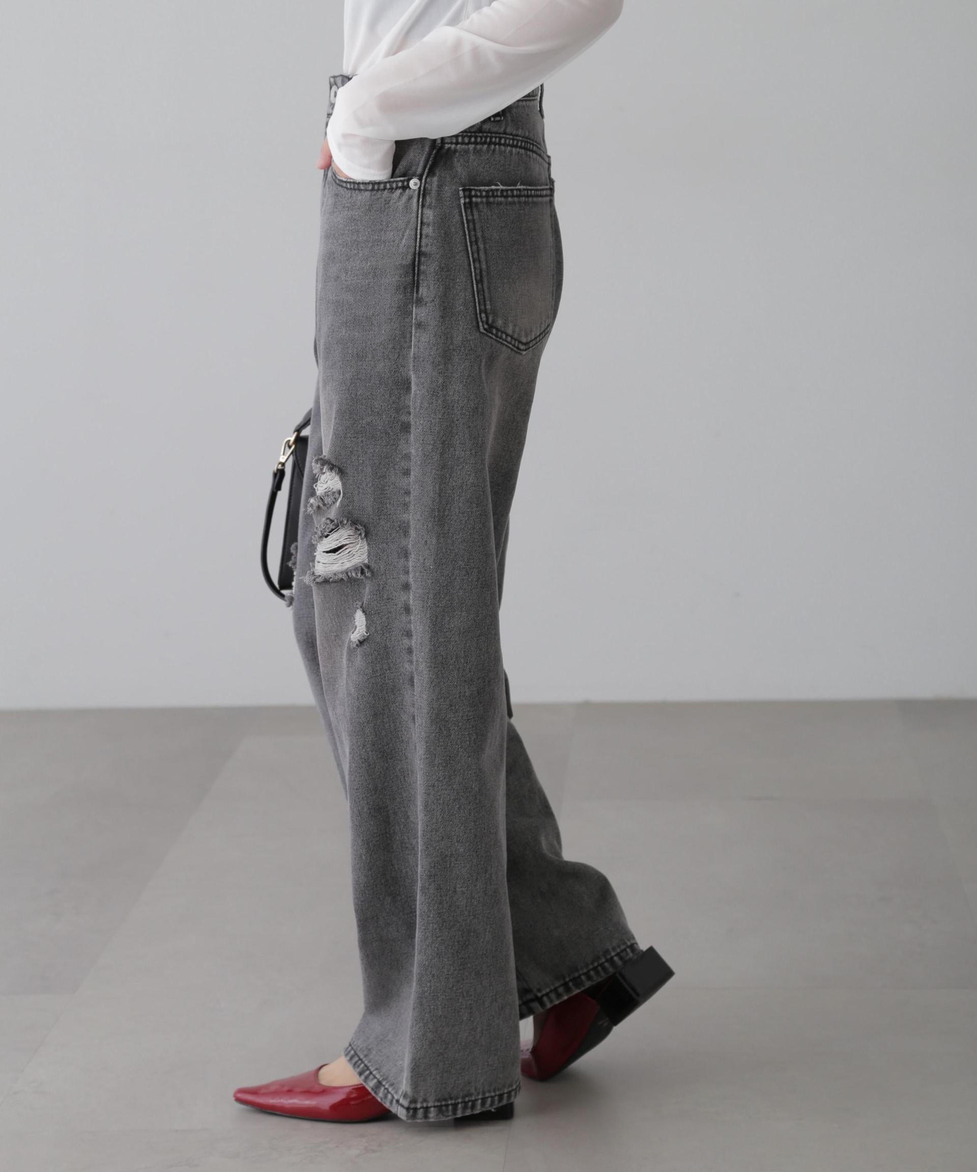 ストレートワイドクラッシュデニムパンツ ブラックデニム1