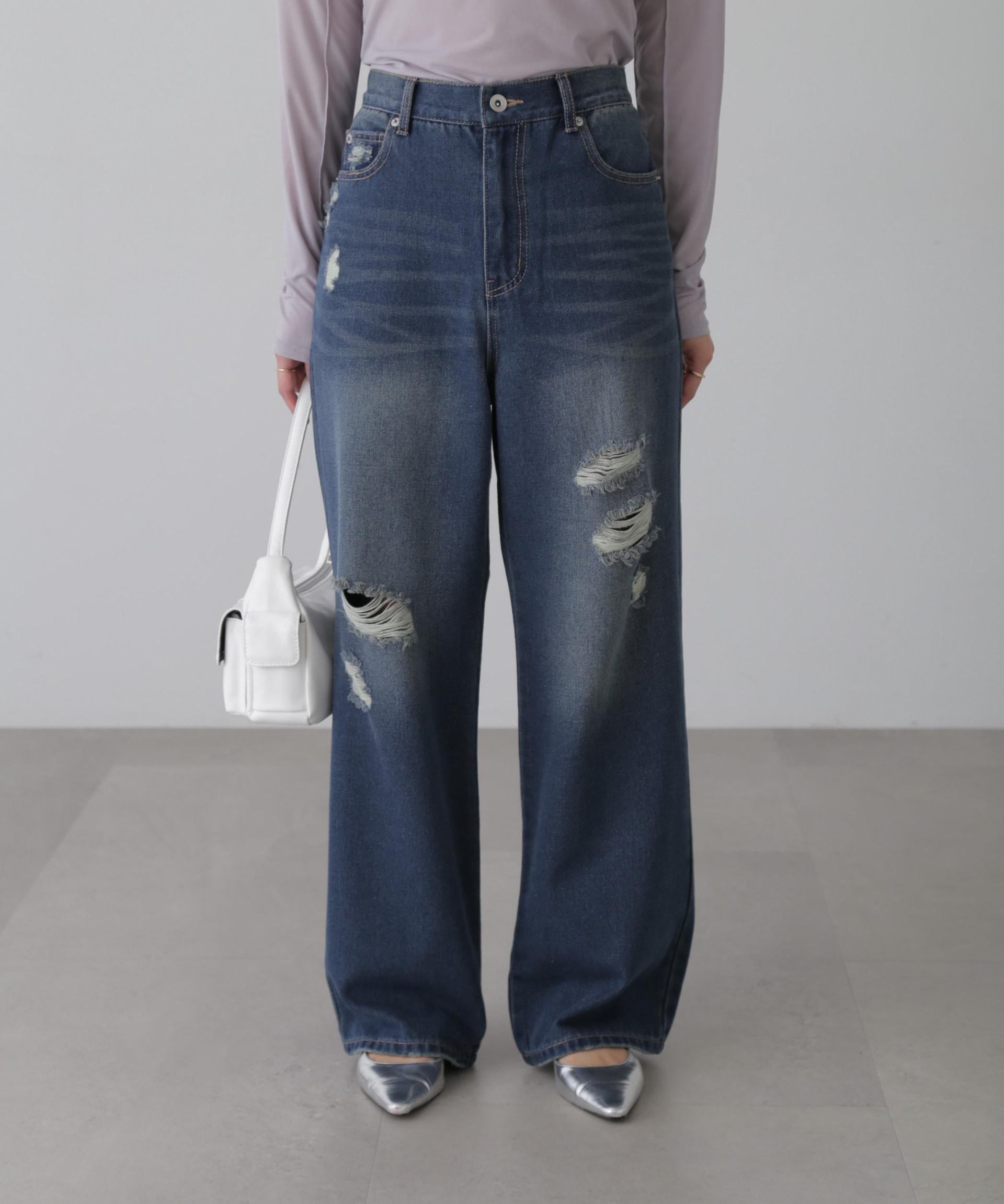 ストレートワイドクラッシュデニムパンツ ブルーオーバーダイ5