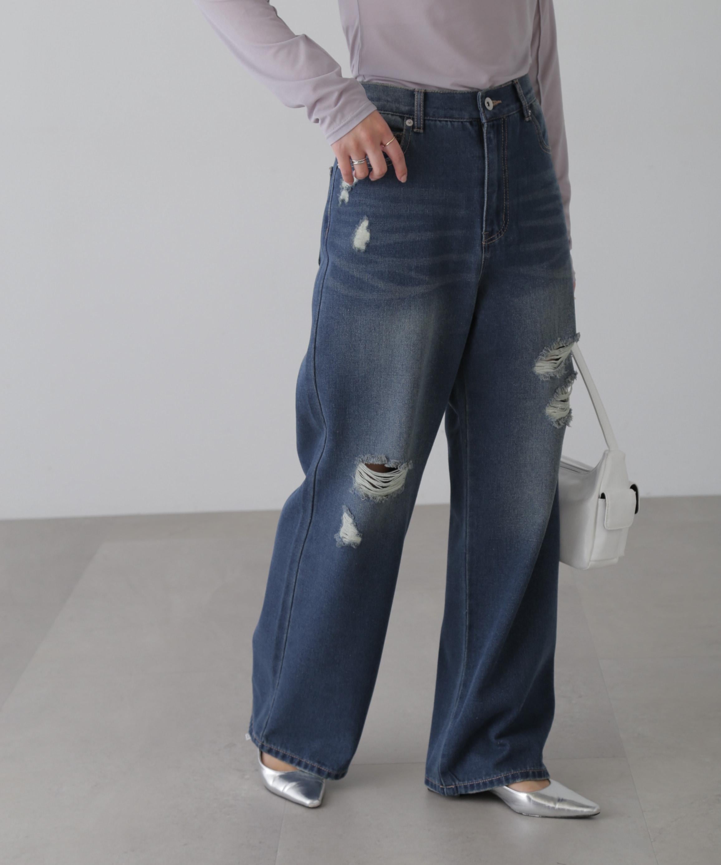 ストレートワイドクラッシュデニムパンツ ブルーオーバーダイ5