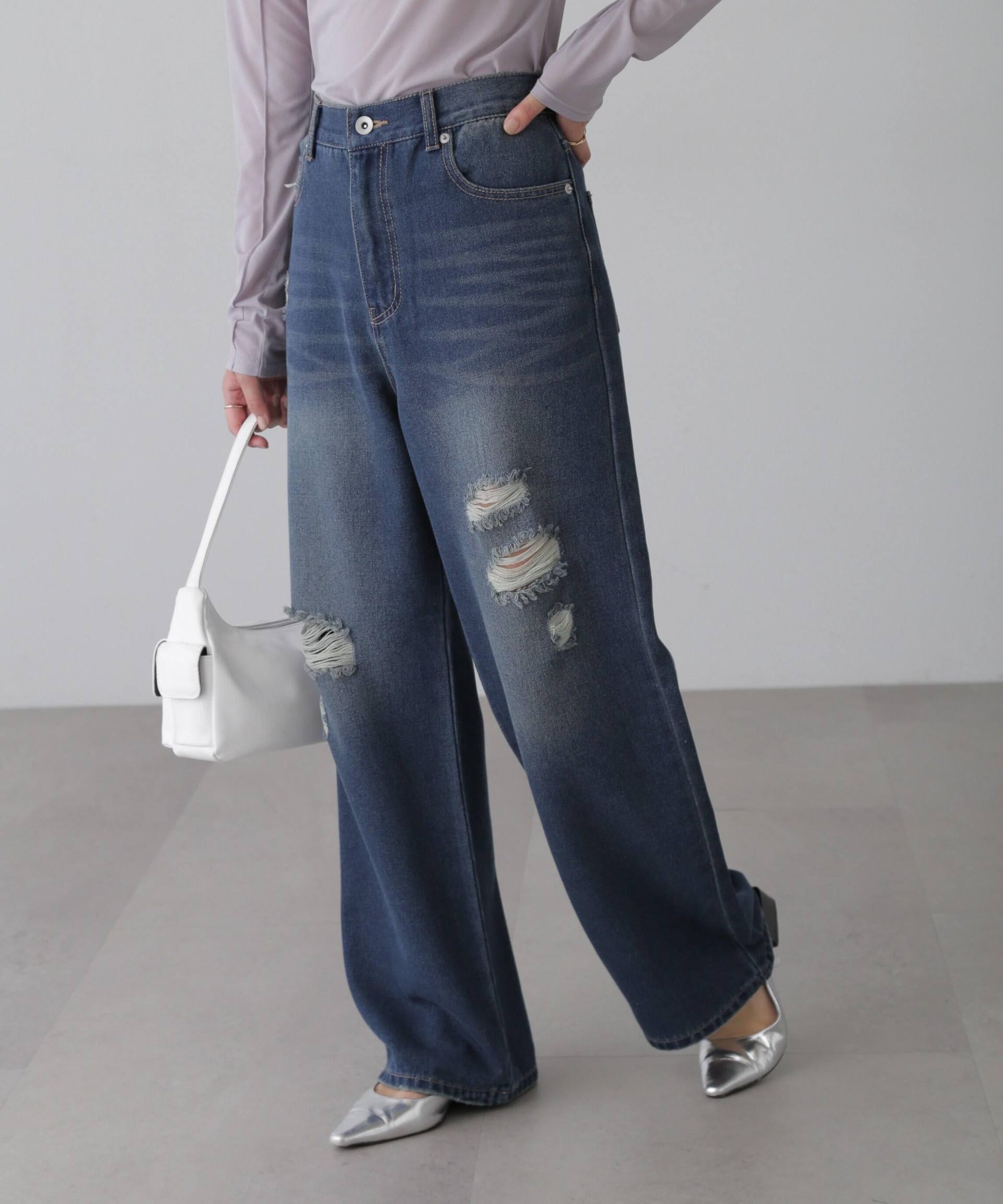 ストレートワイドクラッシュデニムパンツ ブルーオーバーダイ5