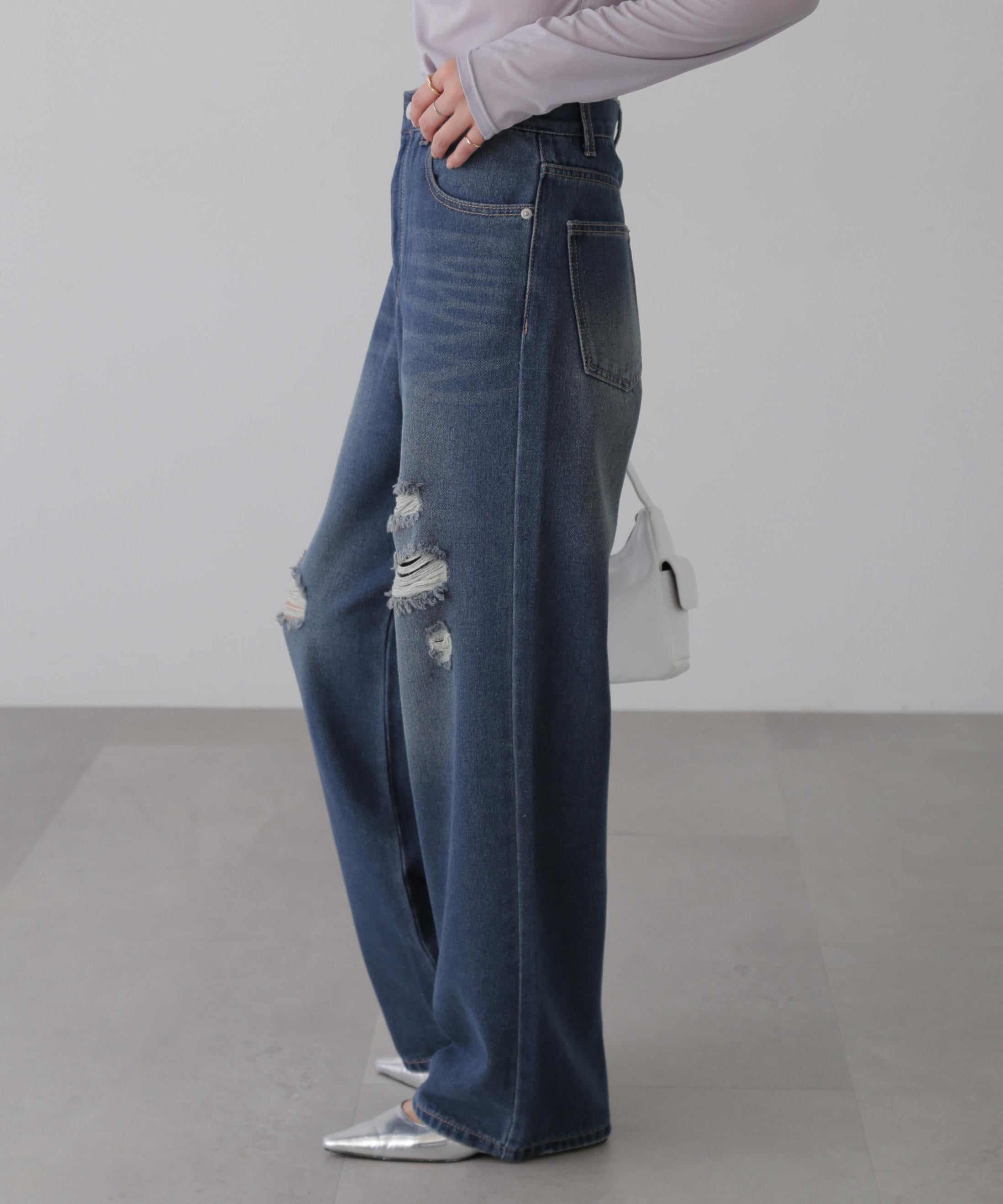 ストレートワイドクラッシュデニムパンツ ブルーオーバーダイ5