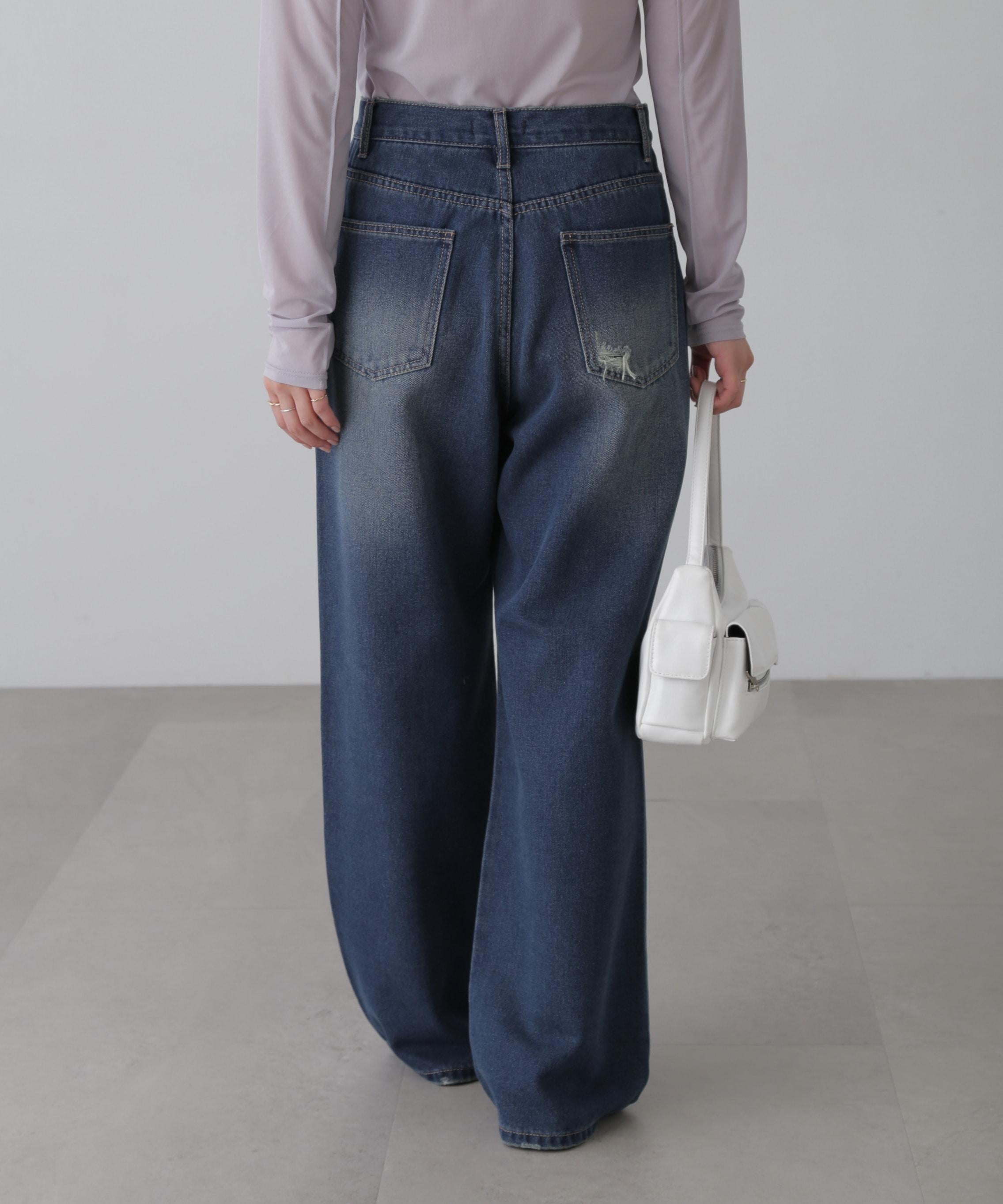 ストレートワイドクラッシュデニムパンツ ブルーオーバーダイ5