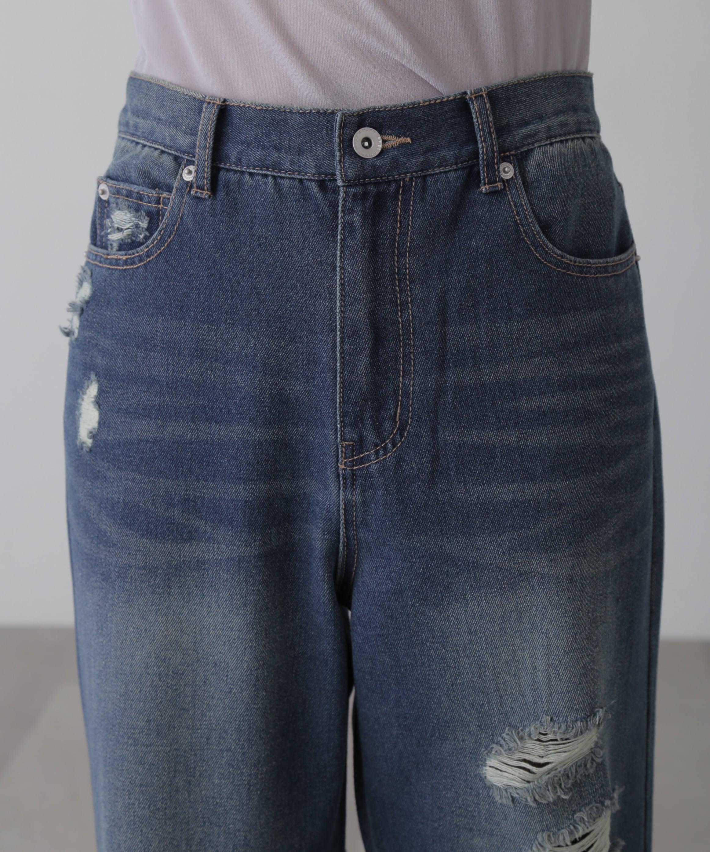 ストレートワイドクラッシュデニムパンツ ブルーオーバーダイ5