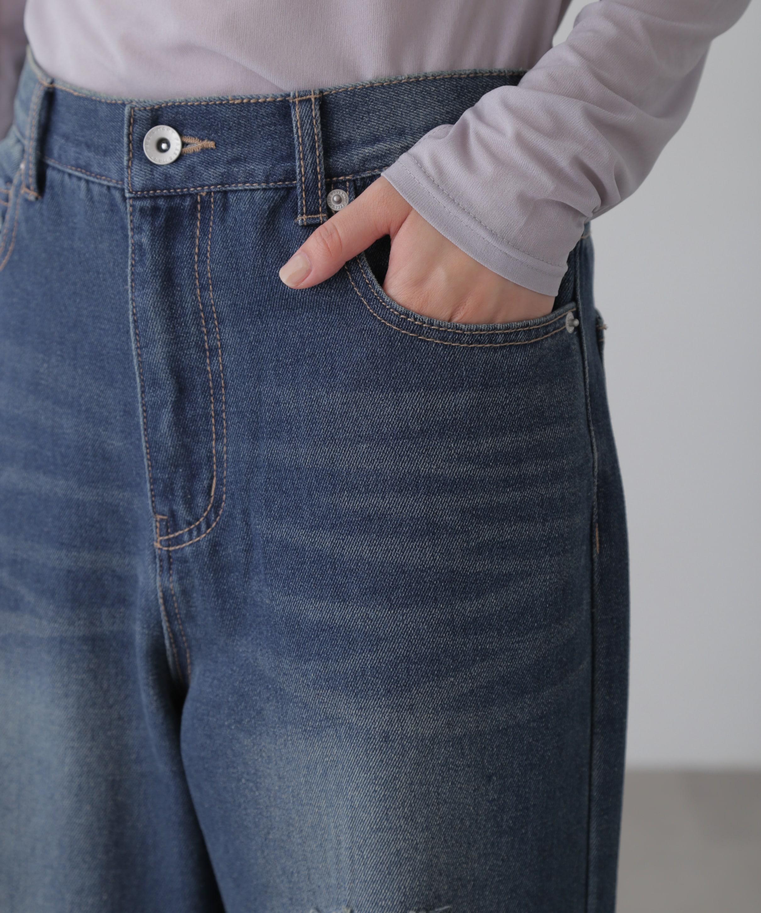 ストレートワイドクラッシュデニムパンツ ブルーオーバーダイ5