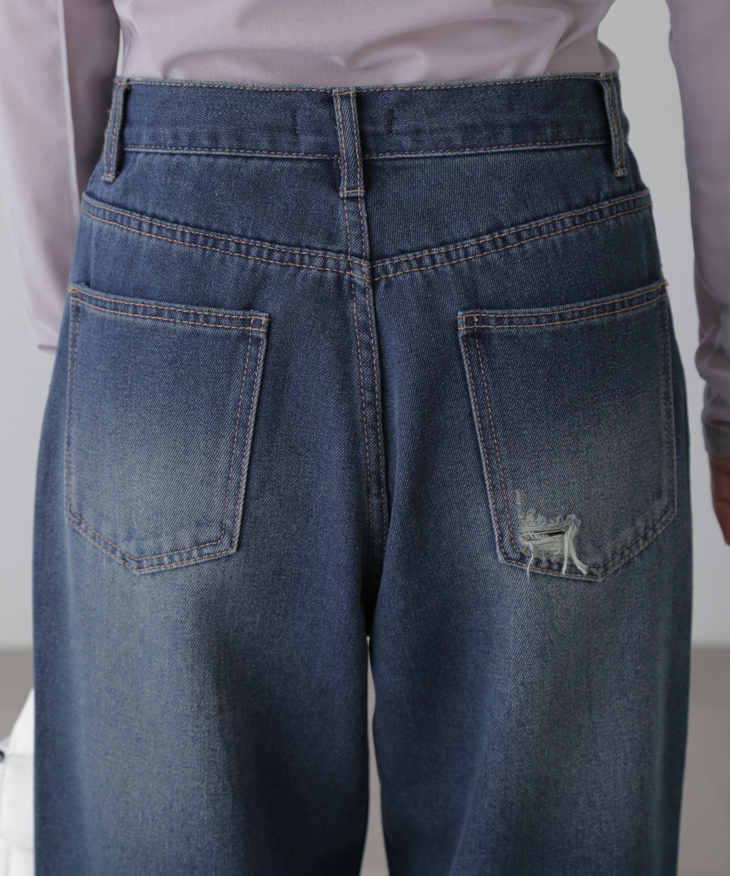 ストレートワイドクラッシュデニムパンツ ブルーオーバーダイ5