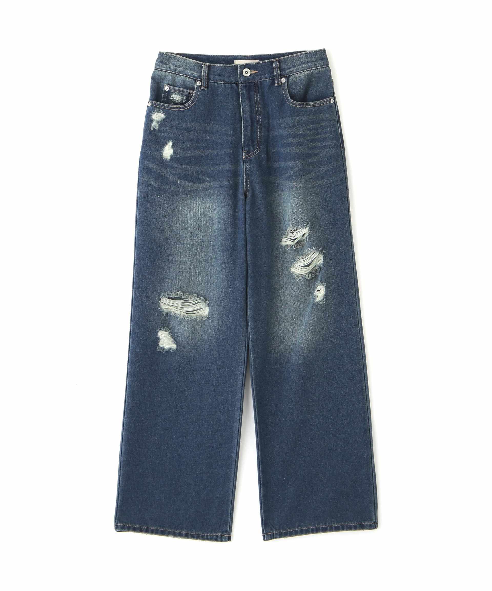 ストレートワイドクラッシュデニムパンツ ブルーオーバーダイ5