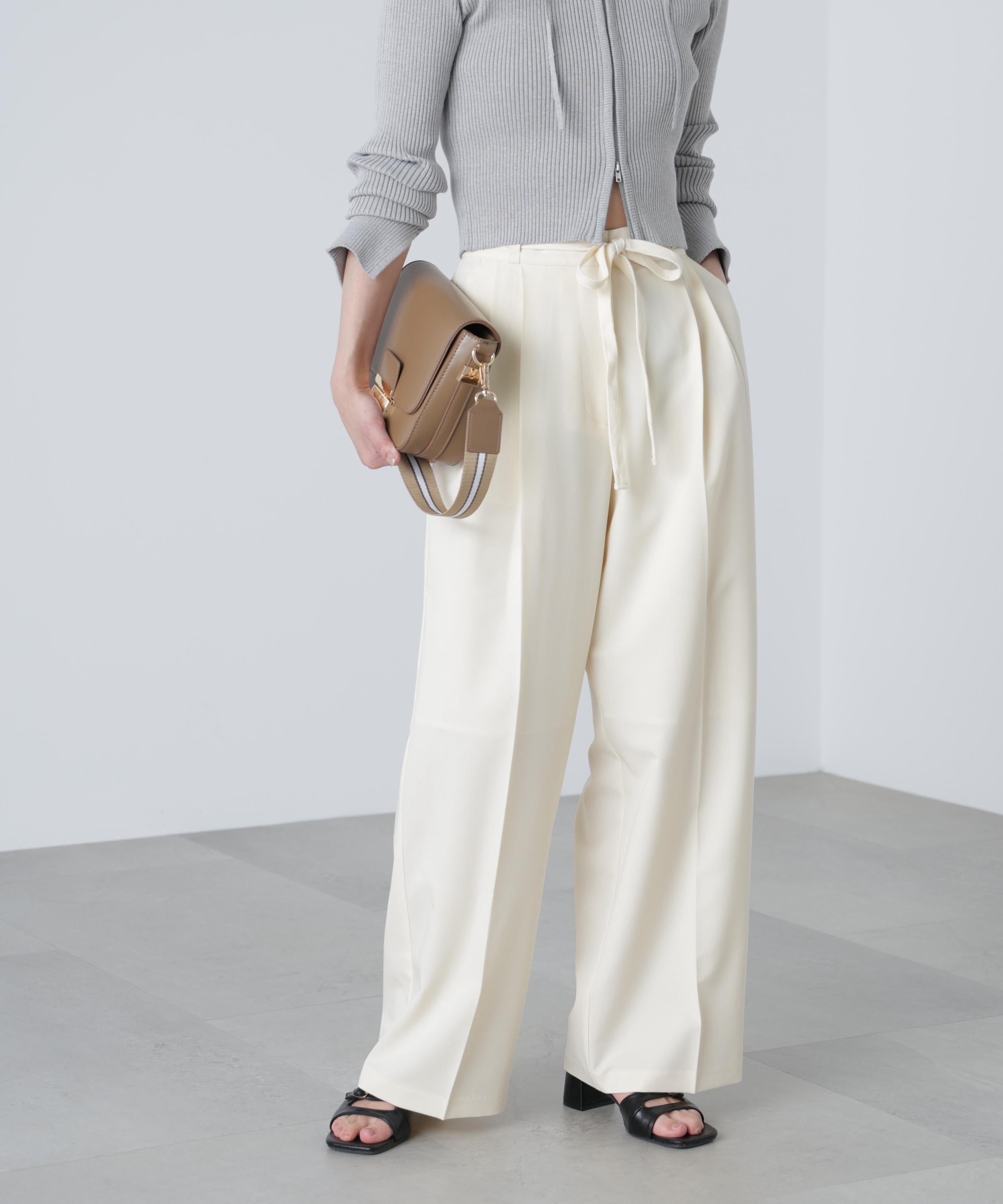 杉綾リボンベルトワイドパンツ オフホワイト