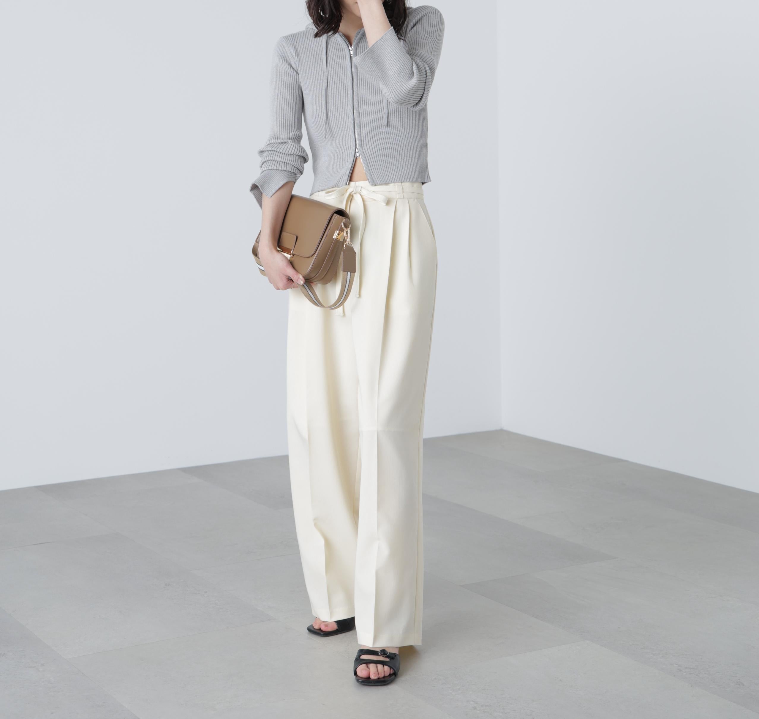 杉綾リボンベルトワイドパンツ オフホワイト