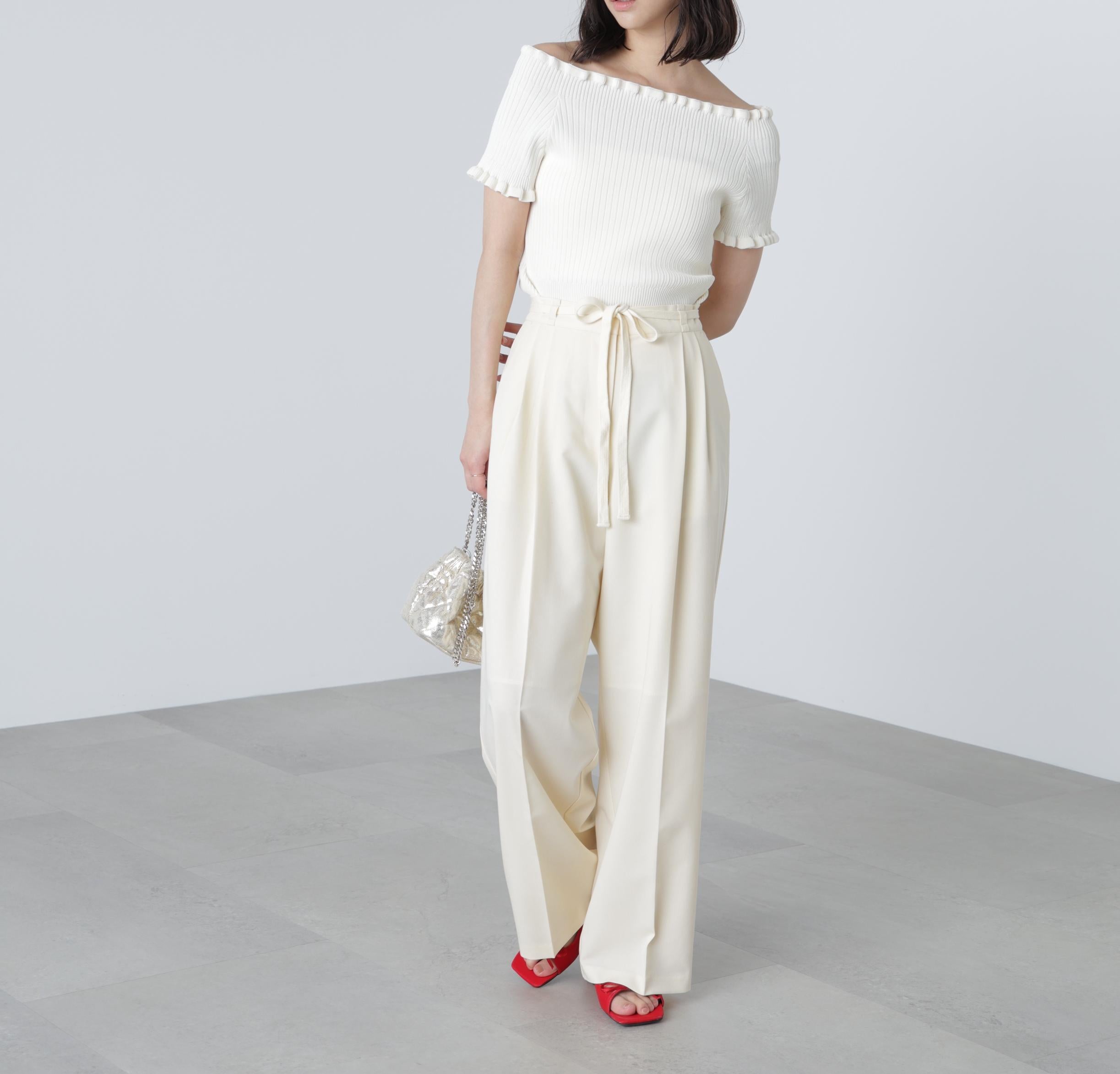 杉綾リボンベルトワイドパンツ オフホワイト