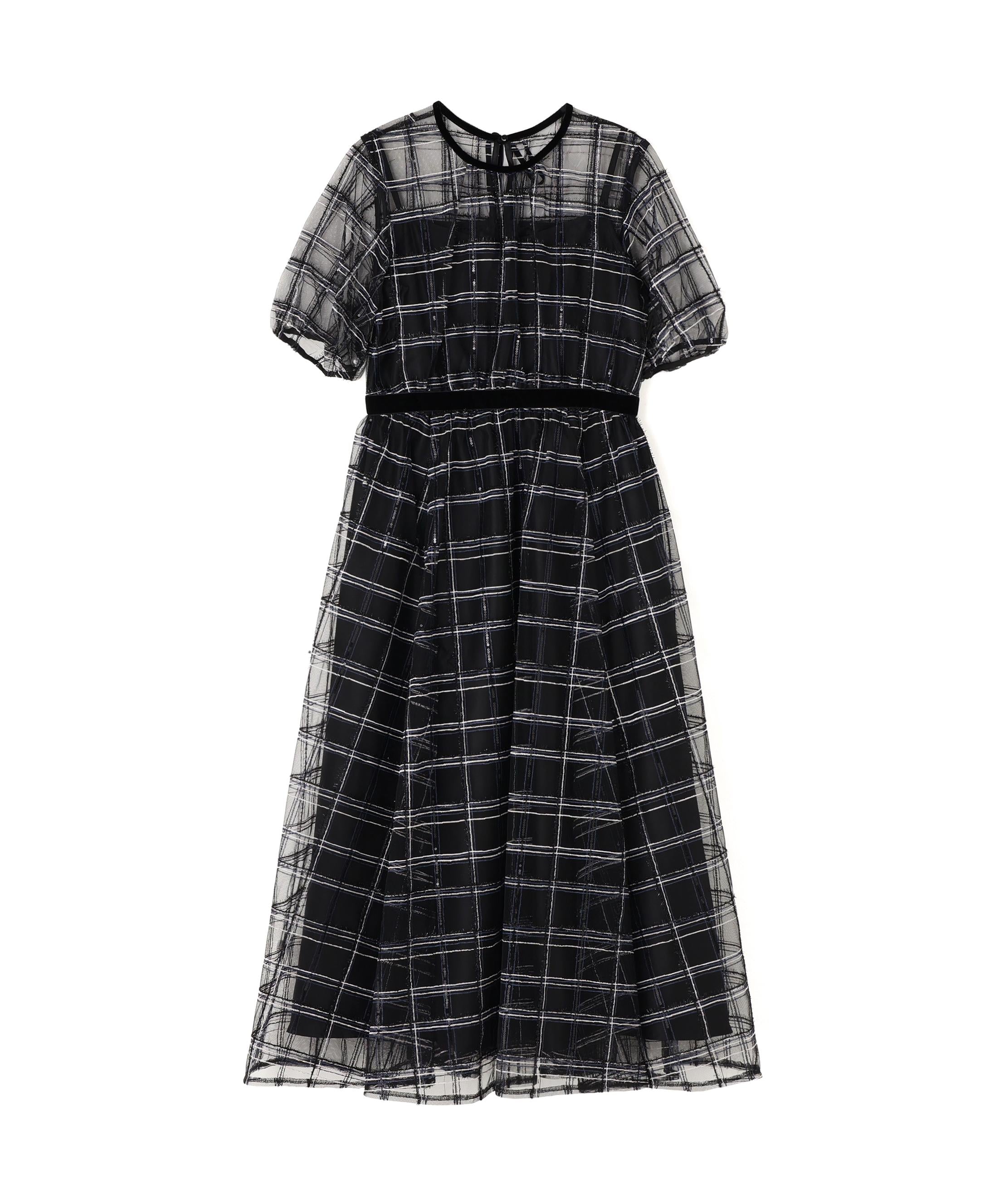 ベロアリボンシアーワンピース ブラックチェック1