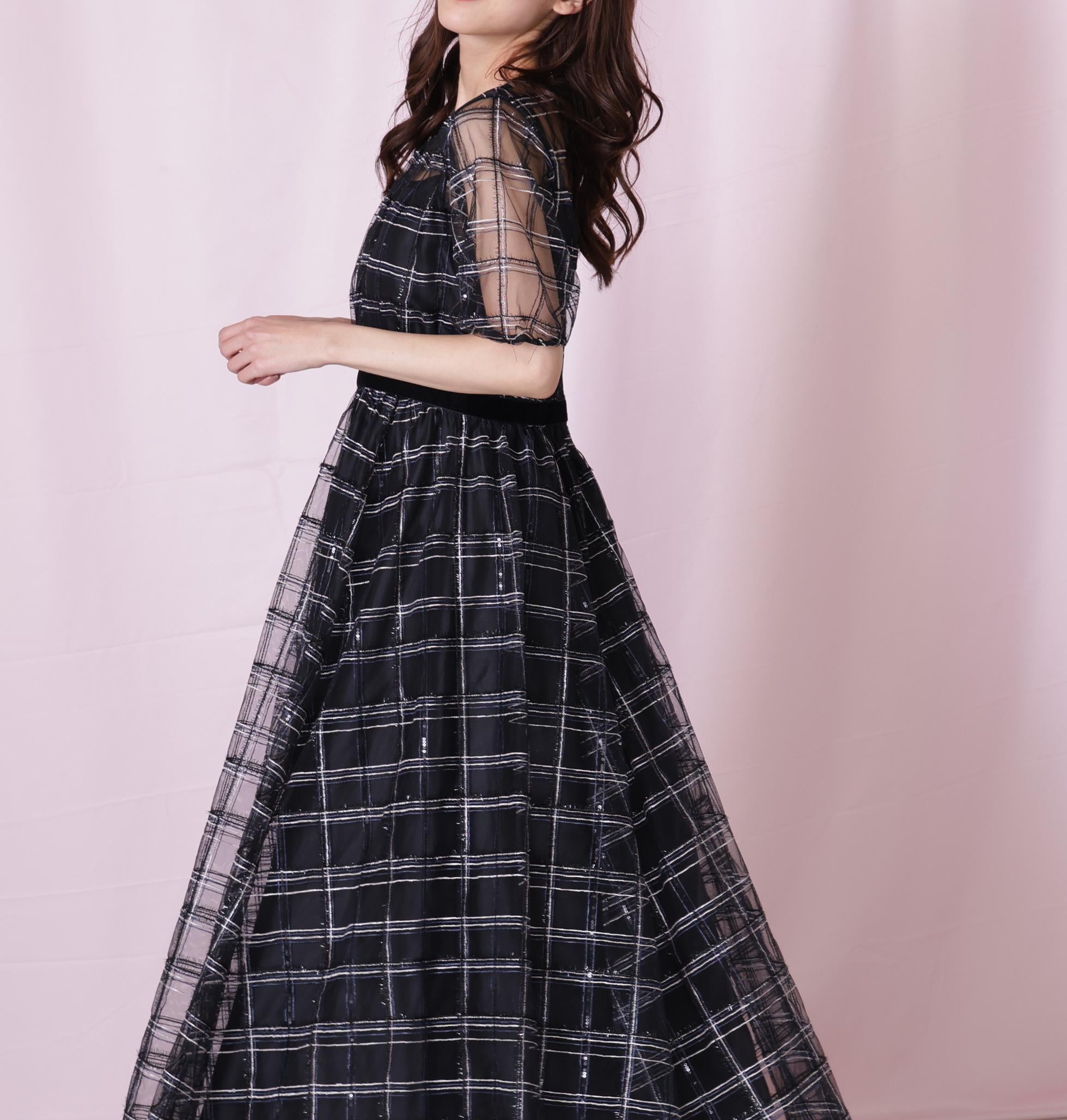 ベロアリボンシアーワンピース ブラックチェック1