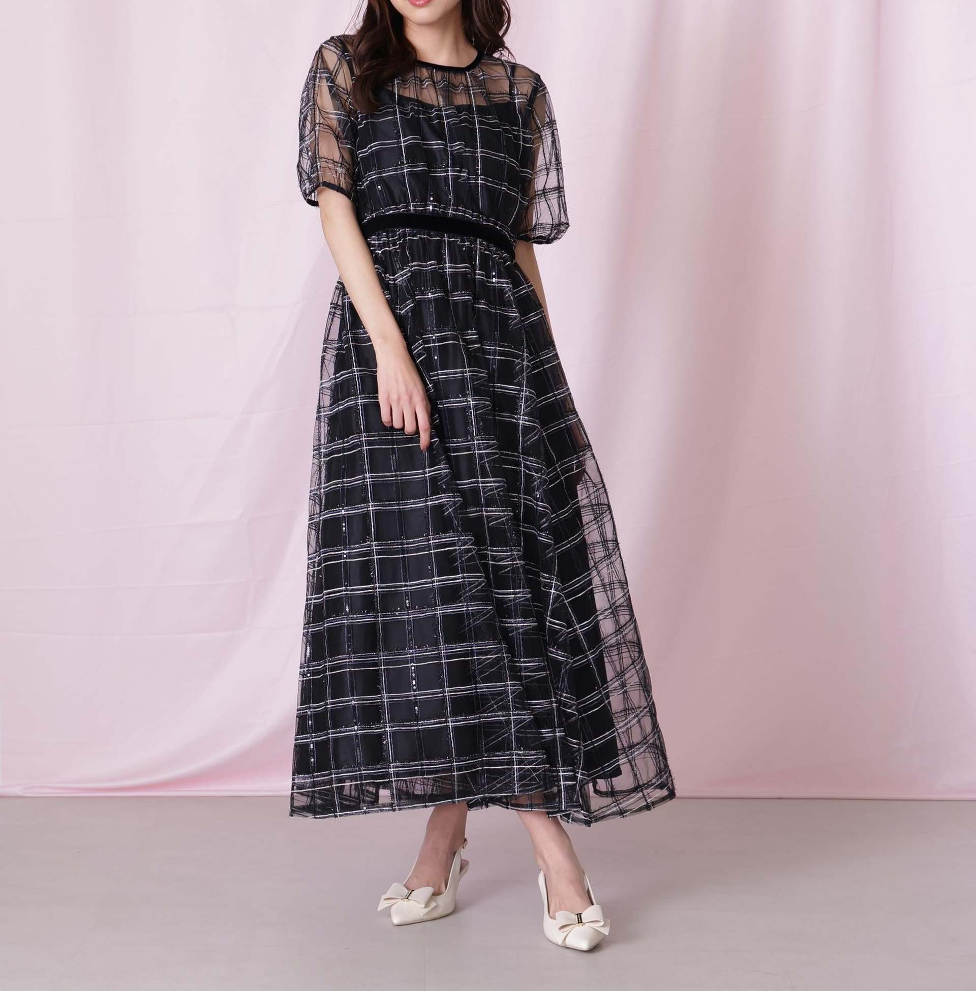 ベロアリボンシアーワンピース ブラックチェック1