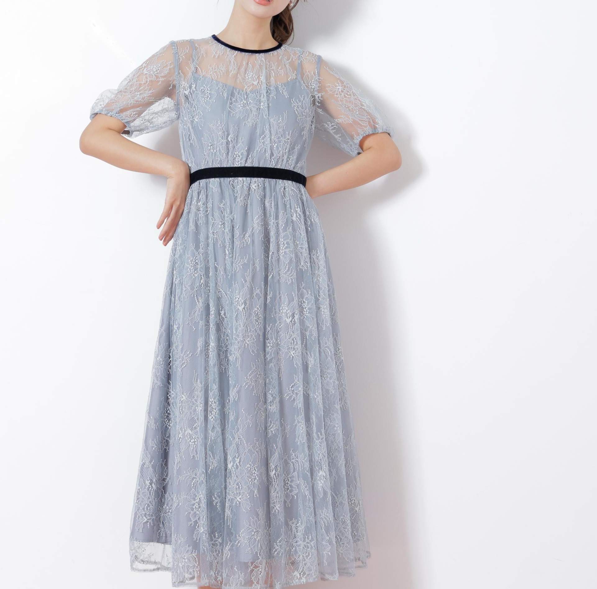 ベロアリボンシアーワンピース ブルー