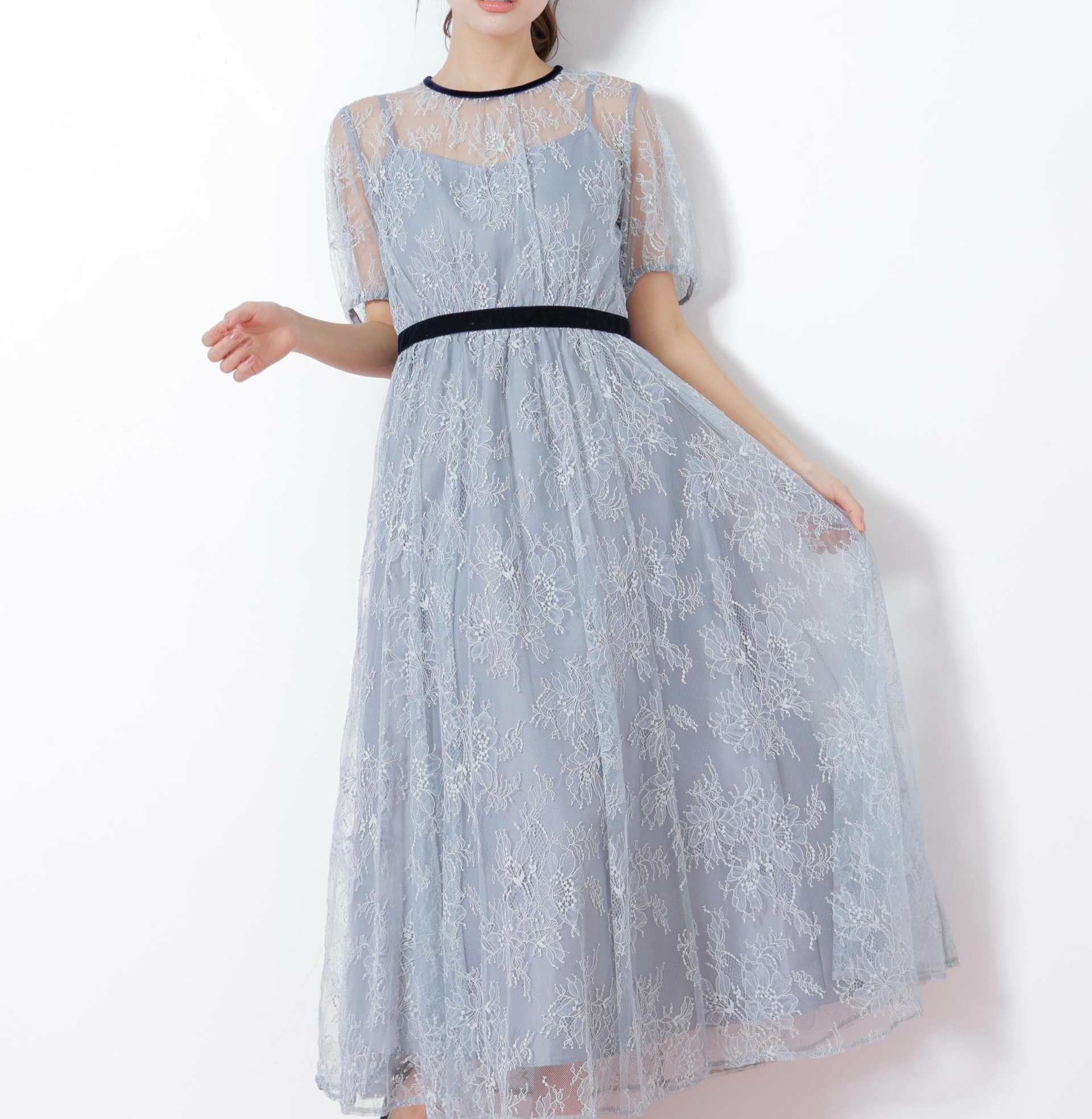 ベロアリボンシアーワンピース ブルー